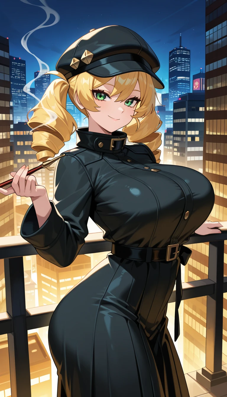 1girl, haruka_senran, solo, looking at viewer, blush, smile, long hair, light brown hair, large breasts, green eyes, blush, lipstick, long hair, crazy eyes ,Hot girl, baddie, staring, glaring, bad attitude, mean girl, dare, angry, hate, crazy, smoking, sensual, attractive, outdoors, rooftop, cityscape, building, railing, night, night sky, scenery, city lights, fur trim, mature female, gloves, fur-trimmed coat ,masterpiece, best quality, highly detailed, a girls with a gun, evil smile , open mouth, sexy gaze, badass
pose , evil smile, smile, (nsfw) not safe for work, guns blazing, anime girl with long hair, beautiful long
haired girl, navel, evil expression, exposed belly, exposed navel, exposed midriff, exposed lower belly,
long black pants, crop top, cleavage, unbuttoned leather pants ,open fly, low rise black leather pants,
leather jacket, holding a gun,, navel piercing