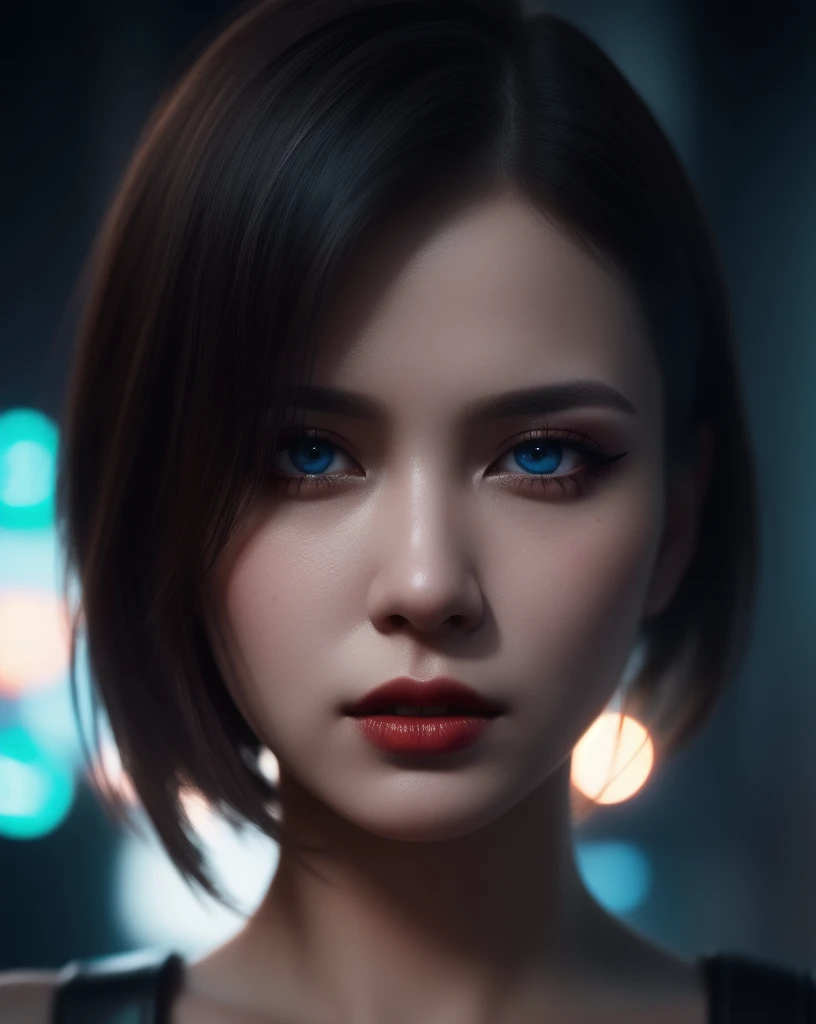 ultra realistic close up portrait,(beautiful pale cyberpunk female with heavy black eyeliner, blue eyes, shaved side haircut ，hyper detail, cinematic lighting, magic neon, dark red city，hyper detail，cinematic lighting