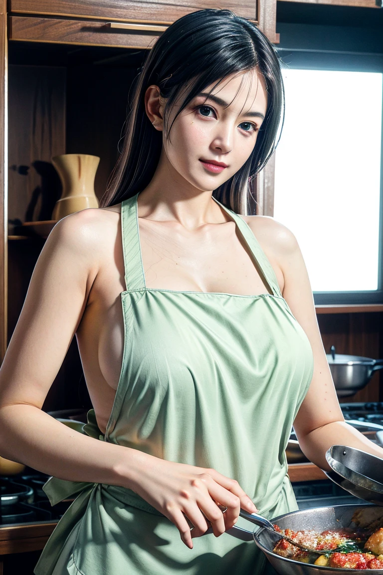 (hyper realisitic), (Illustration), (High resolution), (8K), (Extremely detailed), (Best Illustration), (Beautiful detailed eyes),(Sharp Focus), (Professional), (Photorealistic), (Post-processinax Detail),Roughnesest Quality), (super detailed), (masutepiece), (Wallpaper), (Detailed face), (Hard Small Shadow : 1.6),((Perfectly detailed five-fingered hands)),1 young girl, (19 years old), (Japanese beauty), (Double eyelids), (Delicate face), (Sunny Smile:1.4),(High Nose), (Plump lips), (Porcelain white skin:1.2),Slim waist, (Big breasts:1.6), Long legs, Big butt, Firm e-fingered feet with perfect proportions and details)),  Necklace, Look at the viewer,earrings, bob Haircut,Wavy hair or ponytail,(In a modern kitchen:1.2), (Wearing _kitchin_Apron:1.4),(Green lace with lace:1.2)、Show the armpits、raise arms