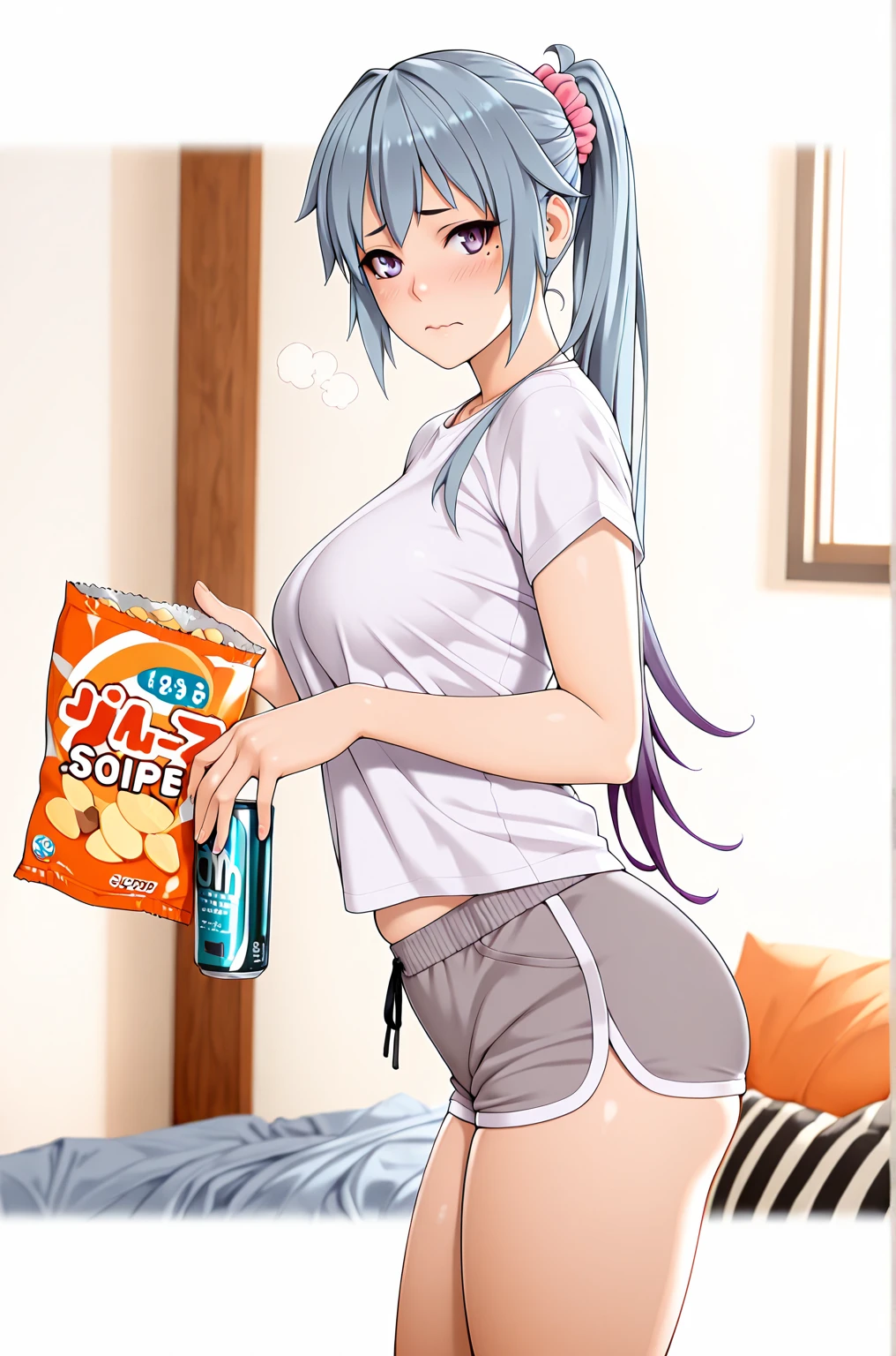 L_Cation2, (zonda_(solid_air)-style:1.2), (luxu-style), anime coloring, ((Cinematic, unreal engine, eye-catching, ambient occlusion, UHD, masterpiece)), ((perfect lighting, dim lighting)), comic, score_9, score_8_up, score_7_up, score_6_up, score_5_up, score_4_up, uncensored, detailed background, vignetting, high quality, absurdres, best quality, very aesthetic, newest, digital art, trending on ArtStation, ((anatomical correct)), perfect body, perfect eyes, perfect fingers, gasping, heavy breathing, gasping profusely, ((skindentation)), ((curvy)), high ponytail, long hair, multicolored hair, light blue hair, purple hair, purple eyes, mole under eye, hair scrunchie, pink scrunchie, plump, 1girl, shorts, dolphin_shorts, solo, can, shirt, looking_at_viewer, white_shirt, holding, short_sleeves, blurry_background, food, blurry, short_shorts, grey_shorts, breasts, indoors, holding_can, cowboy_shot, snack, from_side, chips_(food), standing, t-shirt, ((embarrassed)), blushes, blush face, wavy mouth,