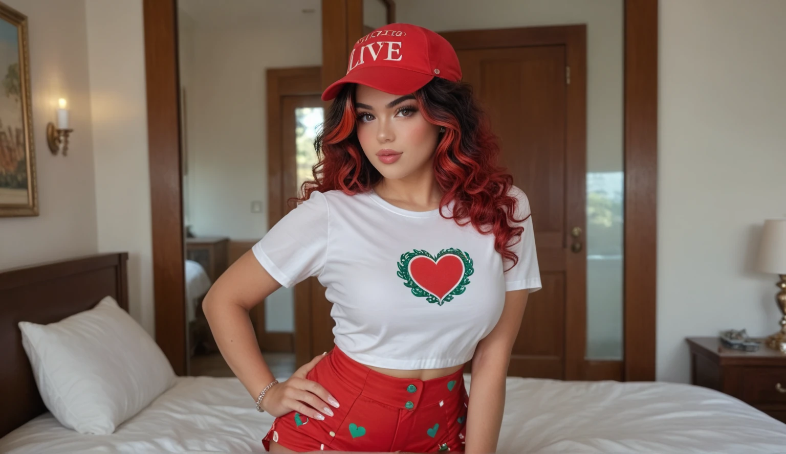 (((half-body))) Photo of a beautiful girl 18-year-old French from behind, girl with long, curly, dyed red hair, half-body photograph, the model has her left hand on her hip and her head turned looking at the viewer. The model is wearing a hat and is wearing a RED pajama shirt with a heart print and RED buttons with ruffles and bows and RED shorts with a heart print, standing in front of a double bed with a majestic, giant white Louis XV headboard, in front of a wall full of mirrors, in a majestic room with a large glass door in the background, outdoors on a beautiful sunny day.