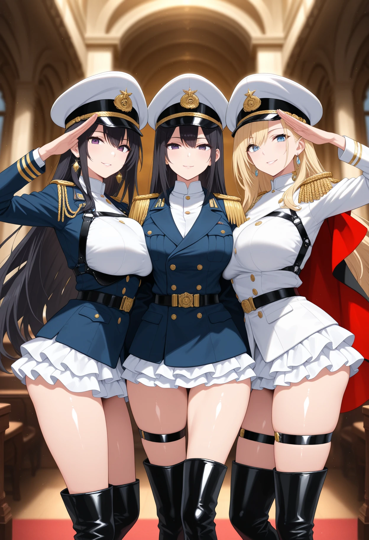 multiple girls, group picture, 5girls, standing, (salute), gold earrings, large breasts, jewelry, military cap, (military uniform), (epaulette), jacket, harness, thigh strap, black thigh boots, (layered skirt), miniskirt, corruption, empty eyes, half-closed eyes, evil smile, no pupils, smirk, 1girl, ((milf)), mature female, married woman, dark theme, dark persona, skindentation, wide hips, sfw