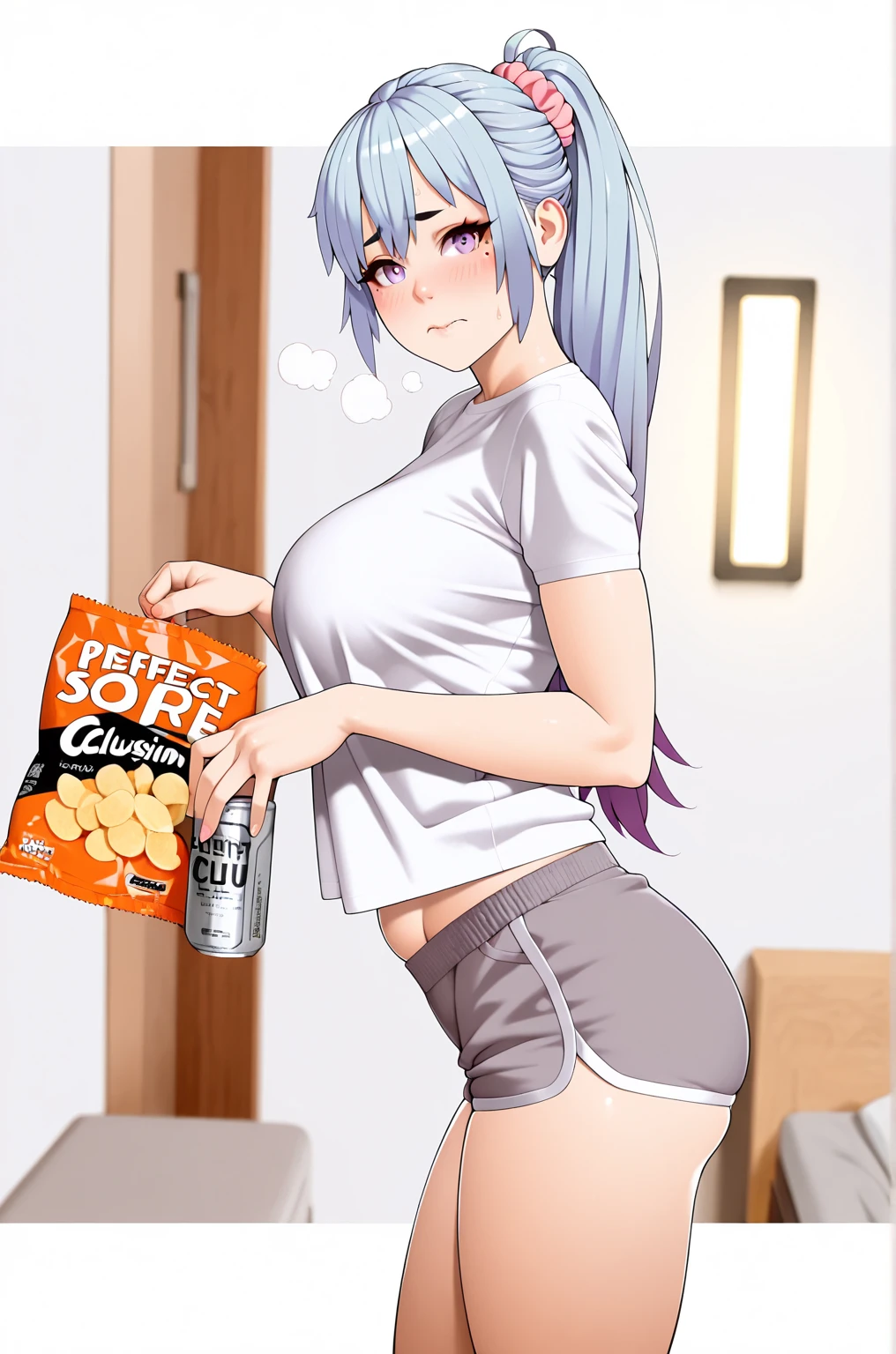, (zonda_(solid_air)-style:1.2), (luxu-style), anime coloring, ((Cinematic, unreal engine, eye-catching, ambient occlusion, UHD, masterpiece)), ((perfect lighting, dim lighting)), comic, score_9, score_8_up, score_7_up, score_6_up, score_5_up, score_4_up, uncensored, detailed background, vignetting, high quality, absurdres, best quality, very aesthetic, newest, digital art, trending on ArtStation, ((anatomical correct)), perfect body, perfect eyes, perfect fingers, gasping, heavy breathing, gasping profusely, ((skindentation)), ((curvy)), high ponytail, long hair, multicolored hair, light blue hair, purple hair, purple eyes, mole under eye, hair scrunchie, pink scrunchie, plump, 1girl, shorts, dolphin_shorts, solo, can, shirt, looking_at_viewer, white_shirt, holding, short_sleeves, blurry_background, food, blurry, short_shorts, grey_shorts, breasts, indoors, holding_can, cowboy_shot, snack, from_side, chips_(food), standing, t-shirt, ((embarrassed)), blushes, blush face, wavy mouth,