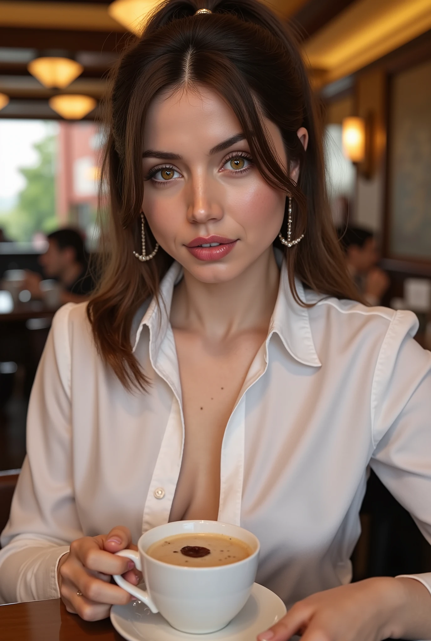 (In perspective) A beautiful sexy brunette woman , perfect 23-year-old desk , Straight hair with a ponytail , oily and silky white skin (humid) full lips, (photorealist:photorealist, 8K), Big breasts dressed in a tight white shirt (highlighted on the breasts), sitting at a restaurant table holding a cup of coffee (series: realista, environment with intricate details), with a sensual feature on her face : (texture and environment professional photography perfect pure lighting).
