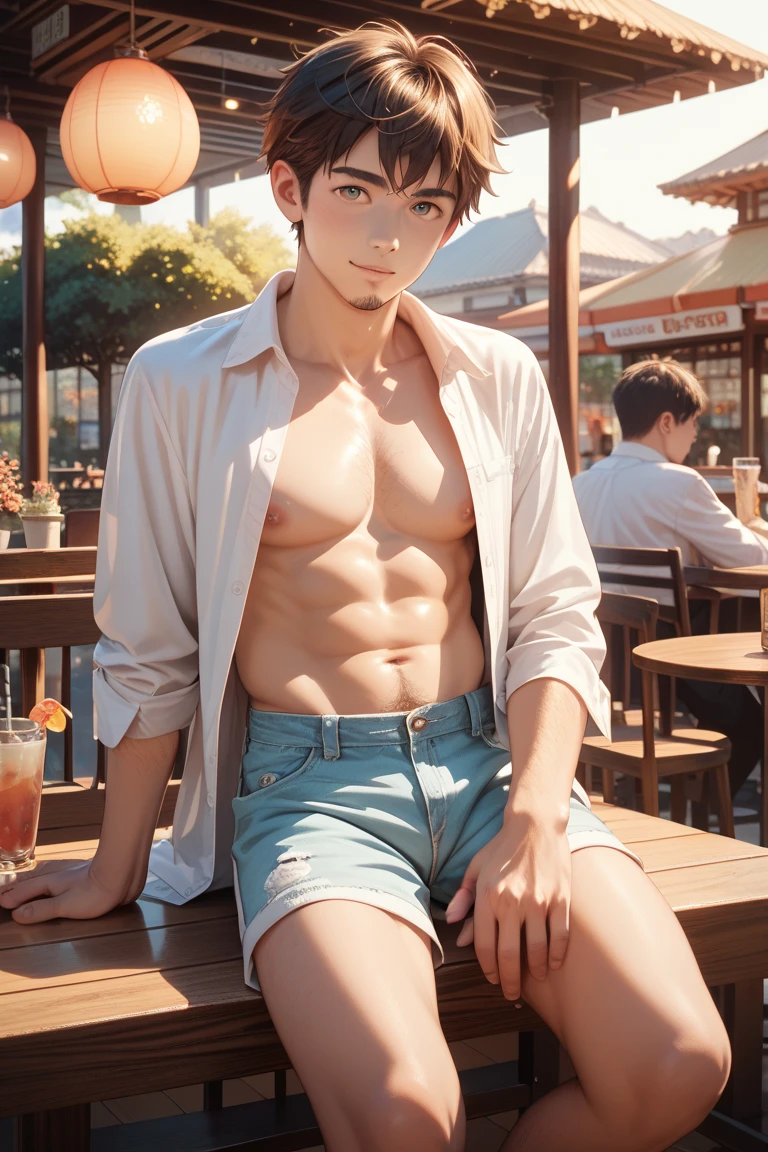 (best quality)), ((masterpiece)), (handsome as young male super star), the perfect face of young male curly hair as a Japanese super star((very handsome 25 year old Japanese)) hairy hand and cheese dress green short football pants no shirt sitting in front of the fire with teak drink a coffee show the face wild tent under the big tree in the forest near the river, background is sunrise from the Nepal mountain view with snow(((realistic 8k picture from Nikon camera with perfect shot)))