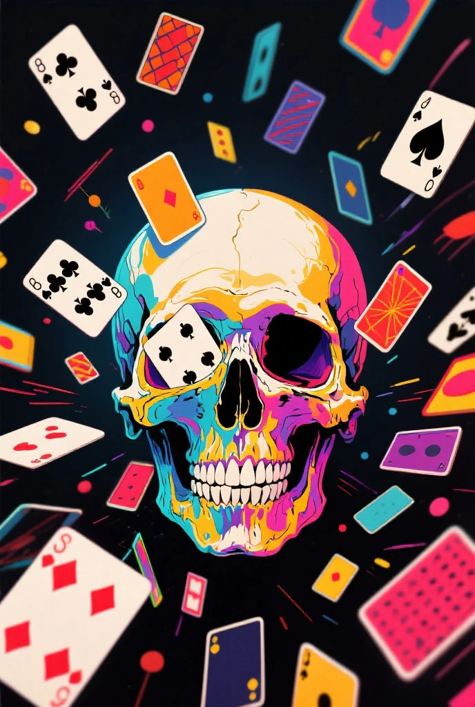 Skull head,Capone hat,cartoon,neon Green outlines,Play Cards ON head, black Background