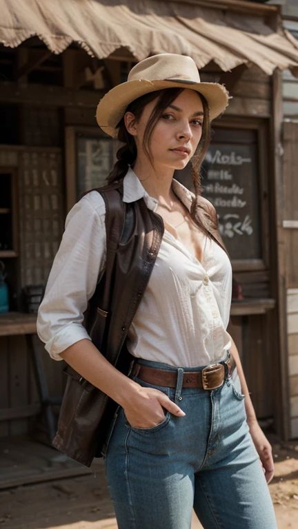 ((Best quality)), ((Meisterwerk)), (Detaillierte), episch, ((cinematic Look)), perfektes Gesicht, full body, a happy young woman with red curly hair wearing jeans and a linen shirt with rolled up sleeves. The woman wears high boots and has a machete on her belt. In the background you can see the nature of the Pyrenees. Im Stil von Lara Croft.