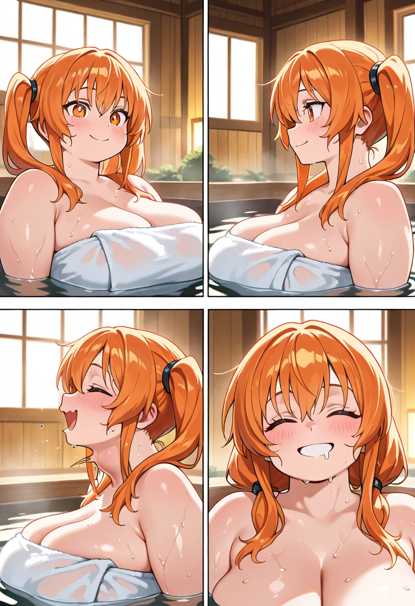 (Highest quality,4K,8k,High resolution,masterpiece:1.2),Very detailed,32-year-old female、(((Mature Woman))), (((Mature Woman))), Best Bust、Large Breasts, Cleavage、Beautiful Eyes、Orange Hair、Moss green eyes、Red lips, ((ponytail)), (Drill Hair), ((forehead)), Very cute face, Glossy Lips, Double eyelids on both eyes, Tight waist、 Natural Makeup, ((orgasm)), Long eyelashes, Shiny and smooth hair、In the shower room、masterpiece, high quality, nsfw, an anime picture of a woman with orange hair is sucking a big penis, spoken heart, 1girl, breasts, hetero, censored, penis, paizuri, 1boy, heart, nipples, How, closed eyes, oral, mosaic censoring, blush, How on breasts, fellatio, How on body, sweat, solo focus, large breasts, erection, hair over shoulder, How in mouth,