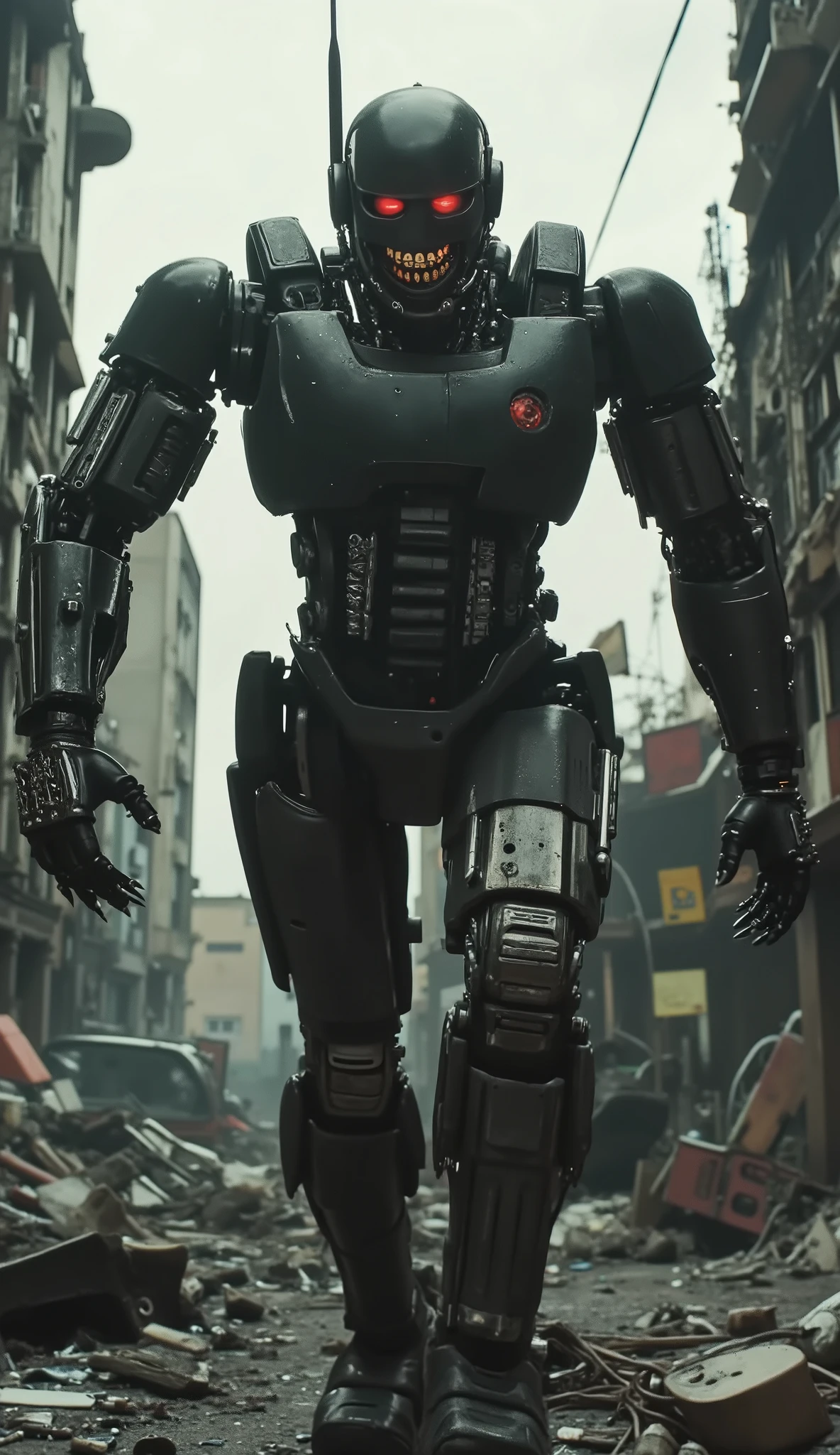 Robocop x Monster-machine hybrid, walking thru (dark/ugly Detroit) with his gun in hand, monster machine, murderer, psycho, monster machine claws for hands,