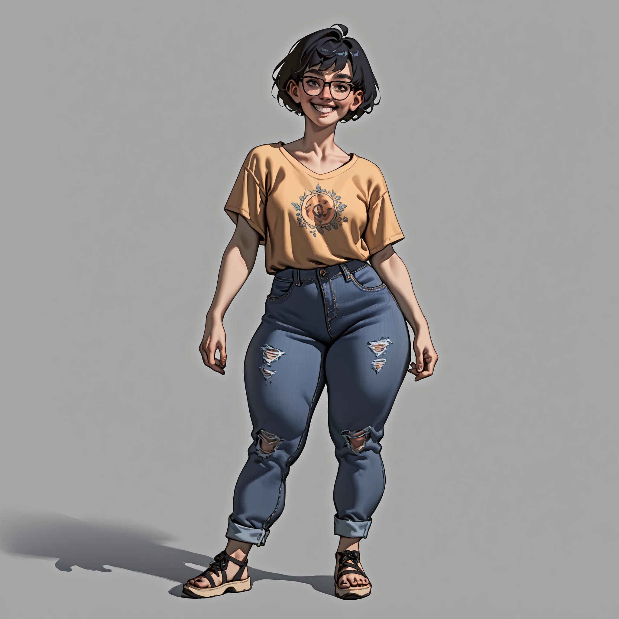 
score_9, score_8_up, score_7_up, black nerdy thick female with a smile in her face. Short hair, full body view. Casual clothes 