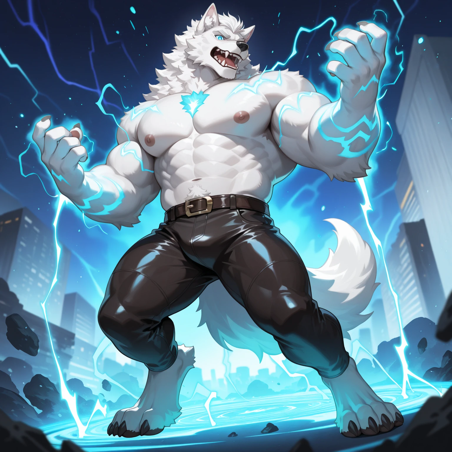 (upload on e621) (Masterpiece) (by Drks) (best quality) (ultra high res) 4K (8k HD) 2D (perfect anatomy) (digital art) (official art) (extreme detailed) (ultra detailed) (strapsanime) color (soft shading) (sharp focus) (waterfall background) 1man silver body fur silver belly detailed fluffy fur (ultra detailed face) detailed eyes detailed iris eyes detailed silver eyes (white sclera) black pupils big navel abs bare pectoral (((huge black shiny nipples))) black claw nails furry wolf male mature male silver giant bulky muscular body fur giant size canid (((huge muscles))) (((hyper muscles))) huge pecs (((oversize pecs))) huge biceps (((giant biceps))) (((fullbody))) canine canis mammal powerful wolf god wolf male calm cool collected demeanor face badass wolf anthro solo standing (((wearing silver full complete sleeveless long trench coat jacket))) (((silver longest length hair))) (((silver longest length back fur hair))) (((silver longest length hair fur front lay on pecs))) (((perfect fingers))) (((five fingers))) silver hands and fingers (((wearing silver fingerless gloves))) (((silver arm bands on his biceps))), (((three silver arm bands on his forearms))) (((dark black huge bead necklaces))) (((dark black huge longer bead necklaces around neck to pecs))) (((silver long wolf tail))) (((silver long pants with silver lines with belt straps on both legs))) (((silver electricity and glitter sparkle effect aura flow entire body))) (((silver blue glowing aura on his whole body))) (((crossed arm pose)))