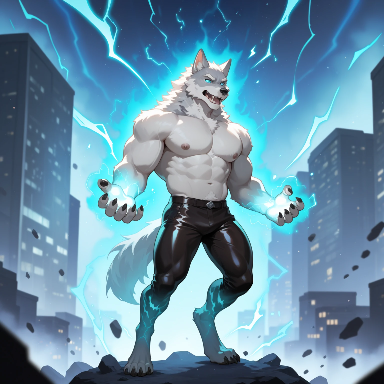 (upload on e621), (Masterpiece), (best quality), (ultra high res), 4K, (8k HD), 2D, (perfect anatomy), (digital art), (official art), (extreme detailed), (ultra detailed), (strapsanime), color, (soft shading), (sharp focus), (((excessive silver electricity and wind aura both fists)), (((tokyo city background))), 1man, dark black body fur, (((dark black muscular arms))), silver pecs and belly, detailed fluffy fur, (ultra detailed face), detailed eyes, detailed iris eyes, detailed yellow eyes, white sclera, black pupils, (((big navel))), (((abs))), (((pectoral))), (((martial art style))), (fight pose) (((black claw nails))), furry wolf male, mature male, (((full body))), (((dark black giant bulky muscular body fur))), canid, (((huge black nipples))), (huge muscles), (((hyper muscles))), (((huge pecs))), (((oversize pecs))), (((giant biceps))), canine, canis, mammal, dark black fury wolf, (((powerful wolf god))), wolf male, intense face, serious expression, (((badass))), wolf anthro, solo, standing, (((wearing full complete sleeveless black and silver long coat jacket))), (((black and silver full complete sleeveless long coat jacket))), (((dark black longest hair))), (((dark black longest back hair))), (((dark black longest hair front lay on pecs))), (((perfect fingers))), (((five fingers))), (((dark black hands and fingers))), (((wearing fingerless black and grey gloves))), (((black and grey fingerless gloves))), (((black armband on biceps))), (((three black armbands on forearms)), (((large longer black prayer beads necklaces on pecs))), (((electricity and wind effect on his prayer beads necklaces))), (((dark black and silver underside long wolf tail))), (((black long pants with silver stripes with belt straps on both legs))), (((excessive silver electricity and wind aura flow entire body)))