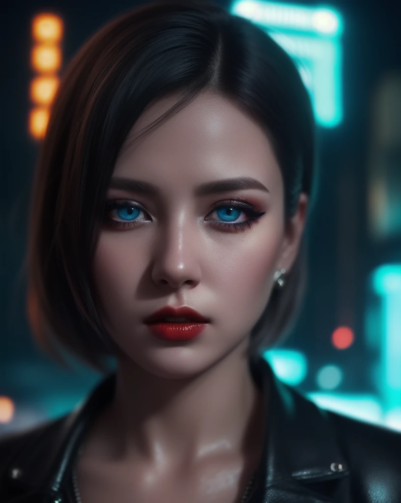 ultra realistic close up portrait,(beautiful pale cyberpunk female with heavy black eyeliner, blue eyes, shaved side haircut ，hyper detail, cinematic lighting, magic neon, dark red city，hyper detail，cinematic lighting