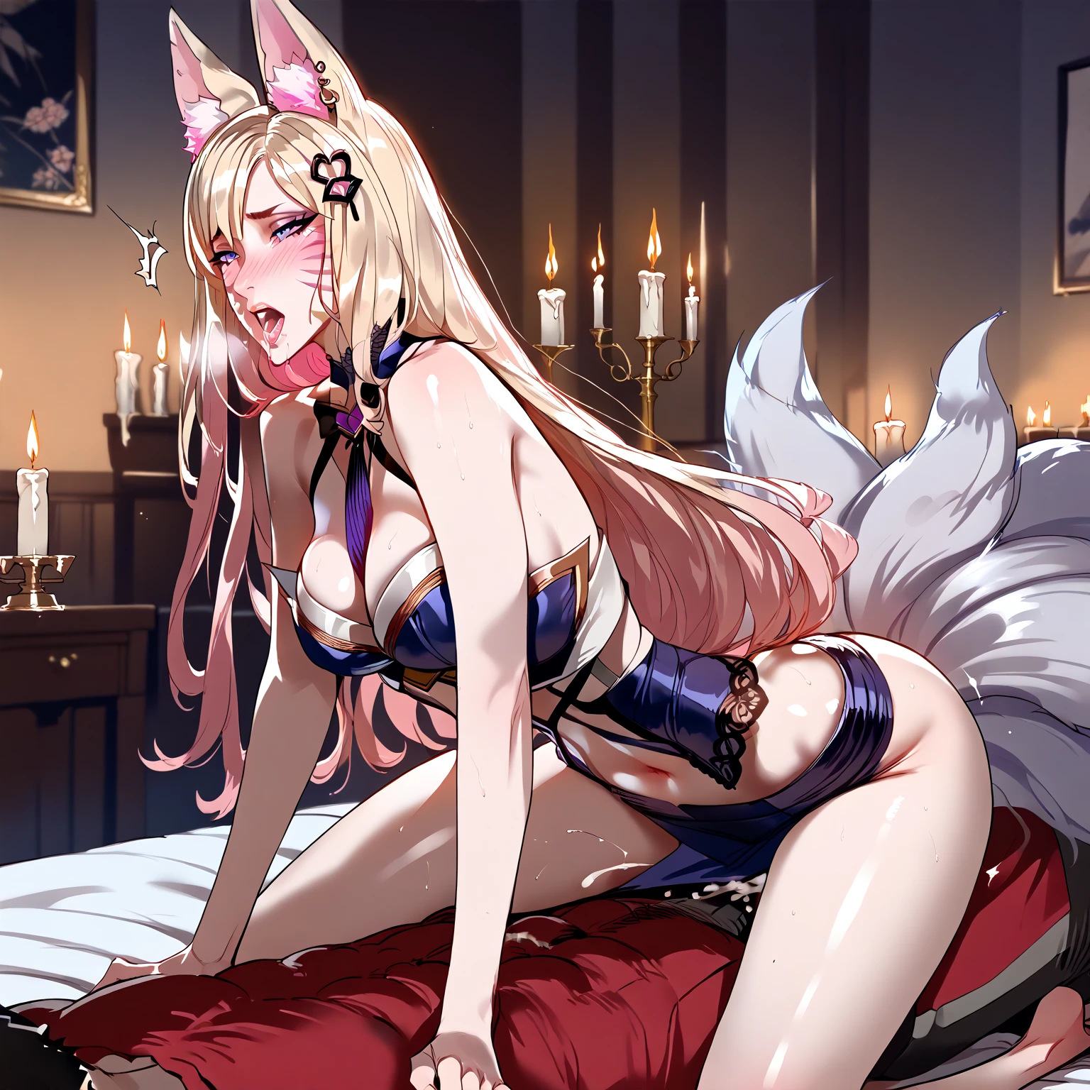 Egyptian dress-up,Big-tailed wolf female,blue color eyes,grey long hair,Lying on a bed in the palace