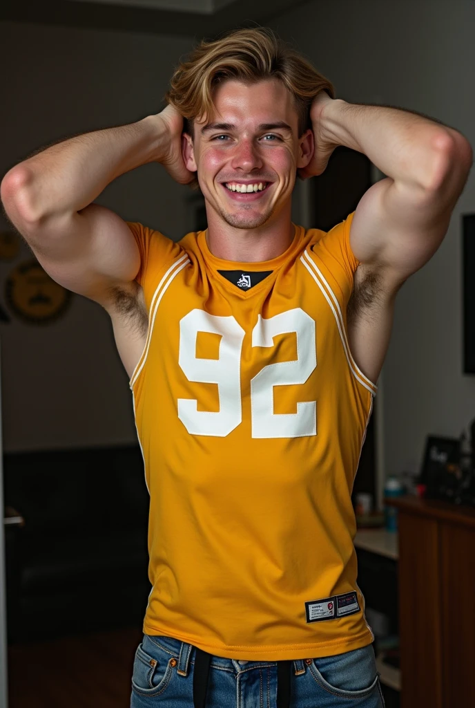 (best quality,4k,8k,highres,masterpiece:1.2),ultra-detailed,(realistic,photorealistic,photo-realistic:1.37),1 male model,albino skin color,red hair,his hair is straight and a little long ,his face is hairless without beard,showing armpits, the model flexes his biceps and adopts a strong pose, frontal photograph, the model smiles sensually, Slim muscular build, model is 17 years old, thick and strong biceps,the model wears bondage clothing,the model is a teenager,his body is thin but defined, full torso photo,abdomen with defined muscles,the model's legs are strong and defined.