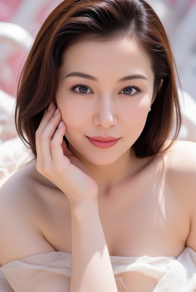Fashion model 20 years old [[[[closeup cleavage]]]], [[[[boobgasm]]]], [[[[coll]]]], [[[[bshoulders]]]], perfect  eyes, Perfect iris，Perfect lips，perfect teeth，Perfect skin，Long face，slender nose，Soft front light，hdr，Movie girl，Casual，long whitr hair，Long hair with a shawl，Long hair like a waterfall，Bedroom in the background,get down on the bed，（pastel colour：1.2）