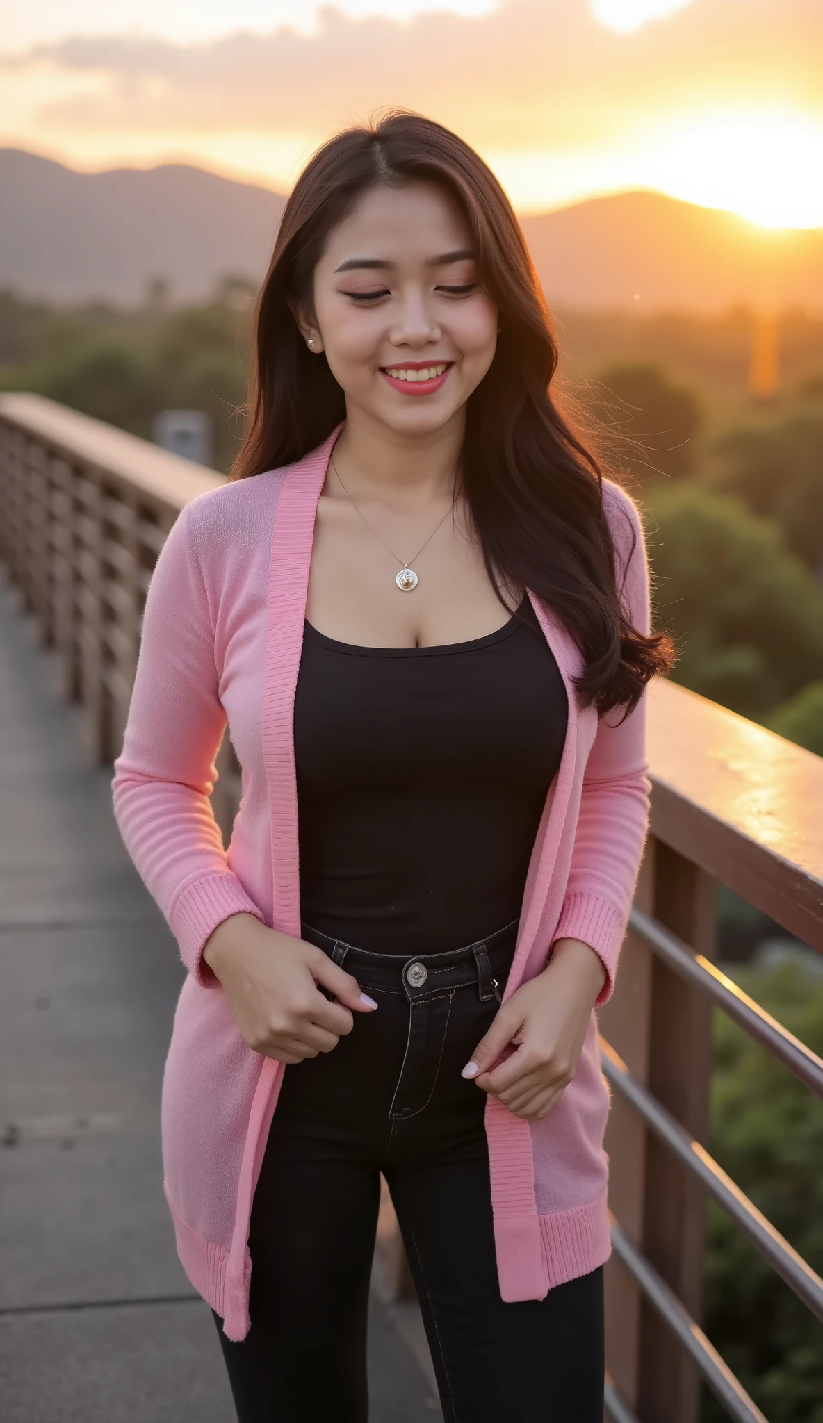 A beautiful indonesian female with long straight hairstyle, 25 years old. indonesian face, highly detailed beautiful face and eyes, attractive face, charming face, Full body, chubby body, white skin, medium breasts, cleavage, anatomically correct, black hair, long straight hair, hair covers ears. Wearing black jeans, black shirt and pink cardigan, necklace. Background overlooking a beautiful mountains in afternoon, sunset, orange light in the sky. Standing on the edge of bridge, facing forward, hands on thighs, closed eyes, smile showing teeth. Ultra detailed chubby body, highly detailed appearance, hyper quality image. Highly detailed background. Hyper resolution. Ultra high realistic image. 16k. Ultra detailed