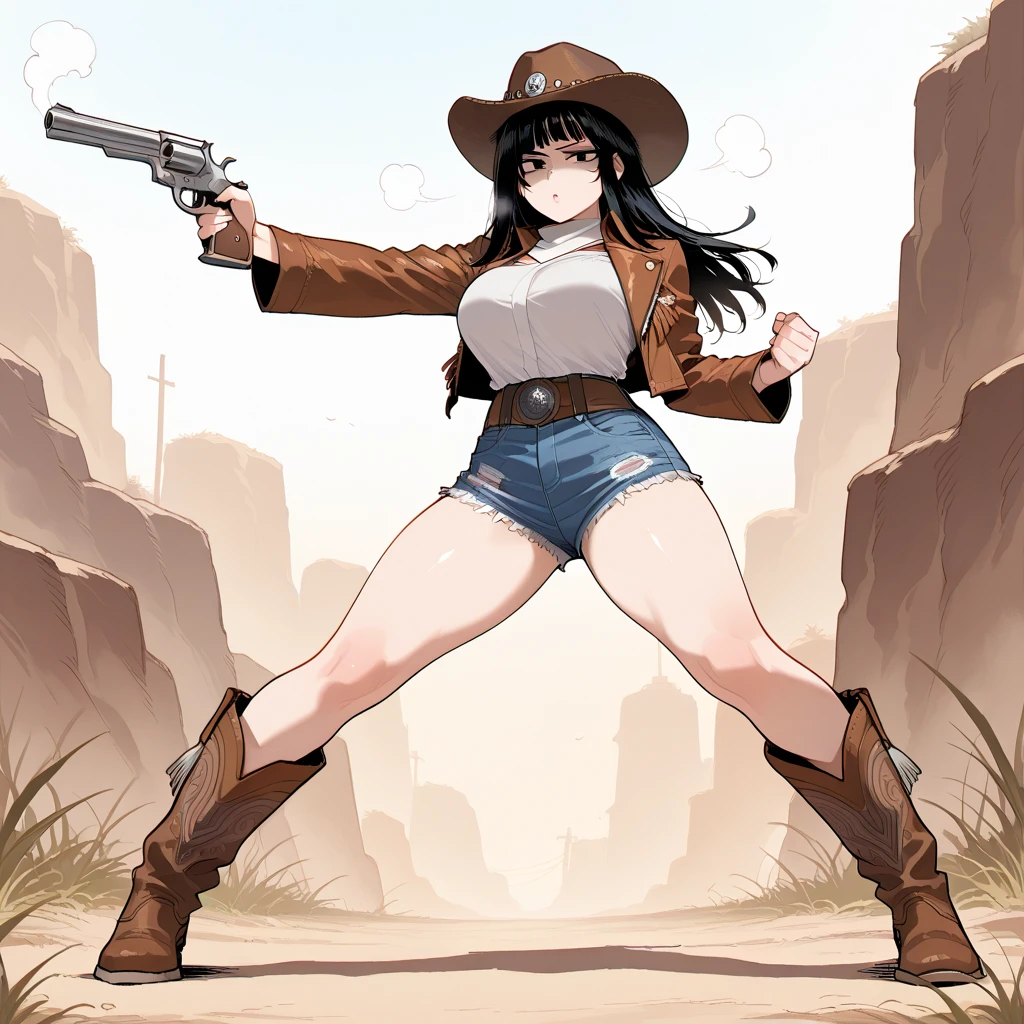 1girl, wild west setting, girl wears wild west Indiana Jones outfit, high boots, cowboy hat, armed with a gun, small breats, detailed face, combat stance, mean look, highly detailed, vibrant appearance, creative behavior, extremly detailed, imaginative, , spontaneous, highest quality, skin texture, intricate details, (cinematic lighting), RAW photo, 8k, masterpiece,best quality,ultra-detailed,very detailed illustrations,extremely detailed,intricate details,highres,super complex details,extremely detailed 8k cg wallpaper,