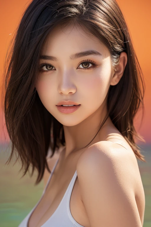 Best quality, masterpiece, ultra high res, (photorealistic:1.5), raw photo, 1girl, off-shoulders, in the dark, deep shadow, low key, cold light, sexy body, Beautiful eyes, short-long wavy hair, No bob cut, layered cut hair, beautiful firm and round breasts, loose top, open chest, Cleavage, bare shoulders, beautiful areolas and nipples. No underwear, No bra, No lingerie, No shoulder straps. Fair and clear skin. (No NSFW).