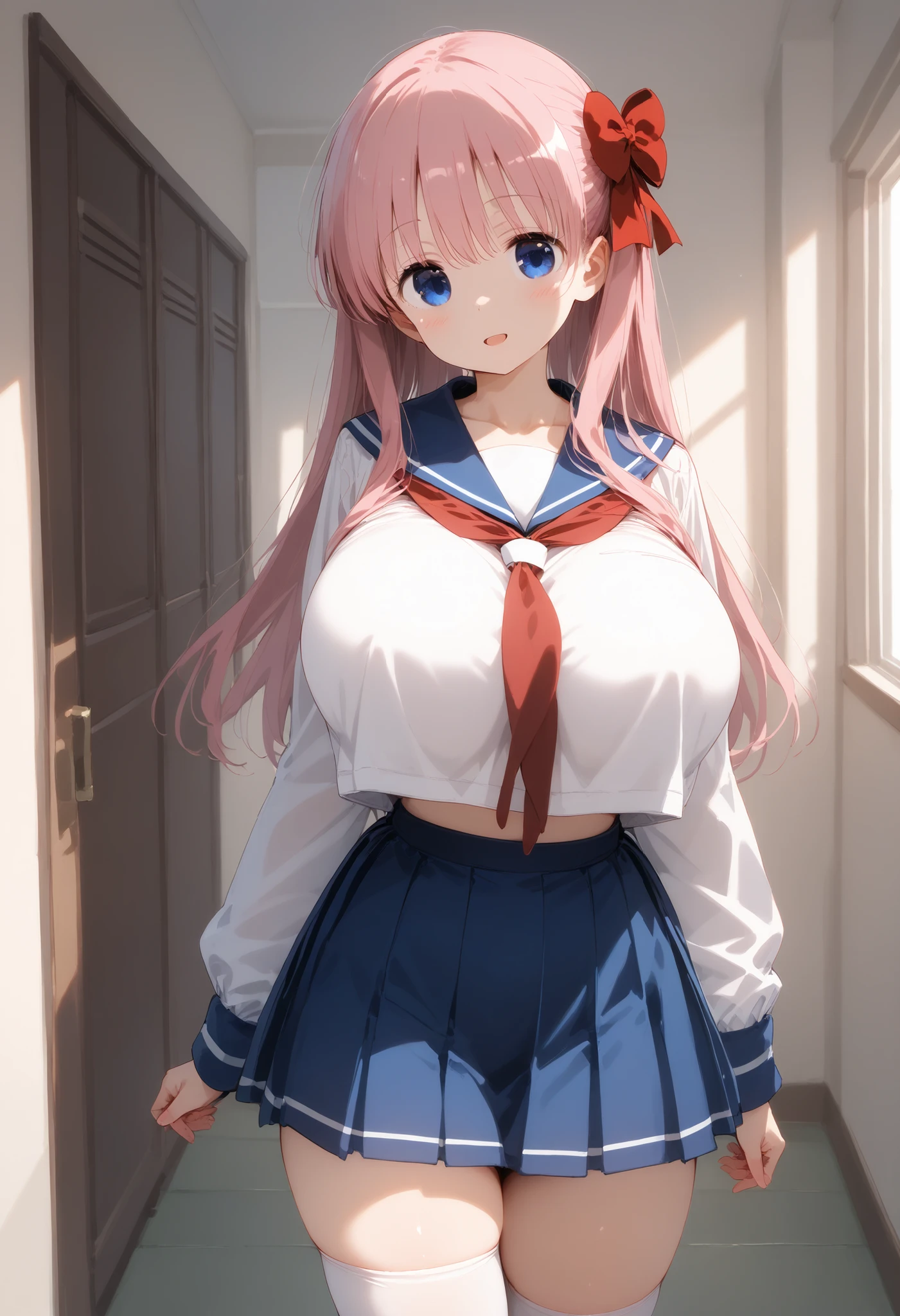 (8Kmasterpiece,highest quality:1.4),Ultra-high resolution,hyper detail,(1 girl),japanese anime style,(Nodoka Haramura),Beautiful Face,blue eyes,perfect , pink hair,sidetail hair,(red ribbon),long hair, shy,excited,slender body,(big 1.3),school costume,school hallway,standing,looking viewer,cowboy shot