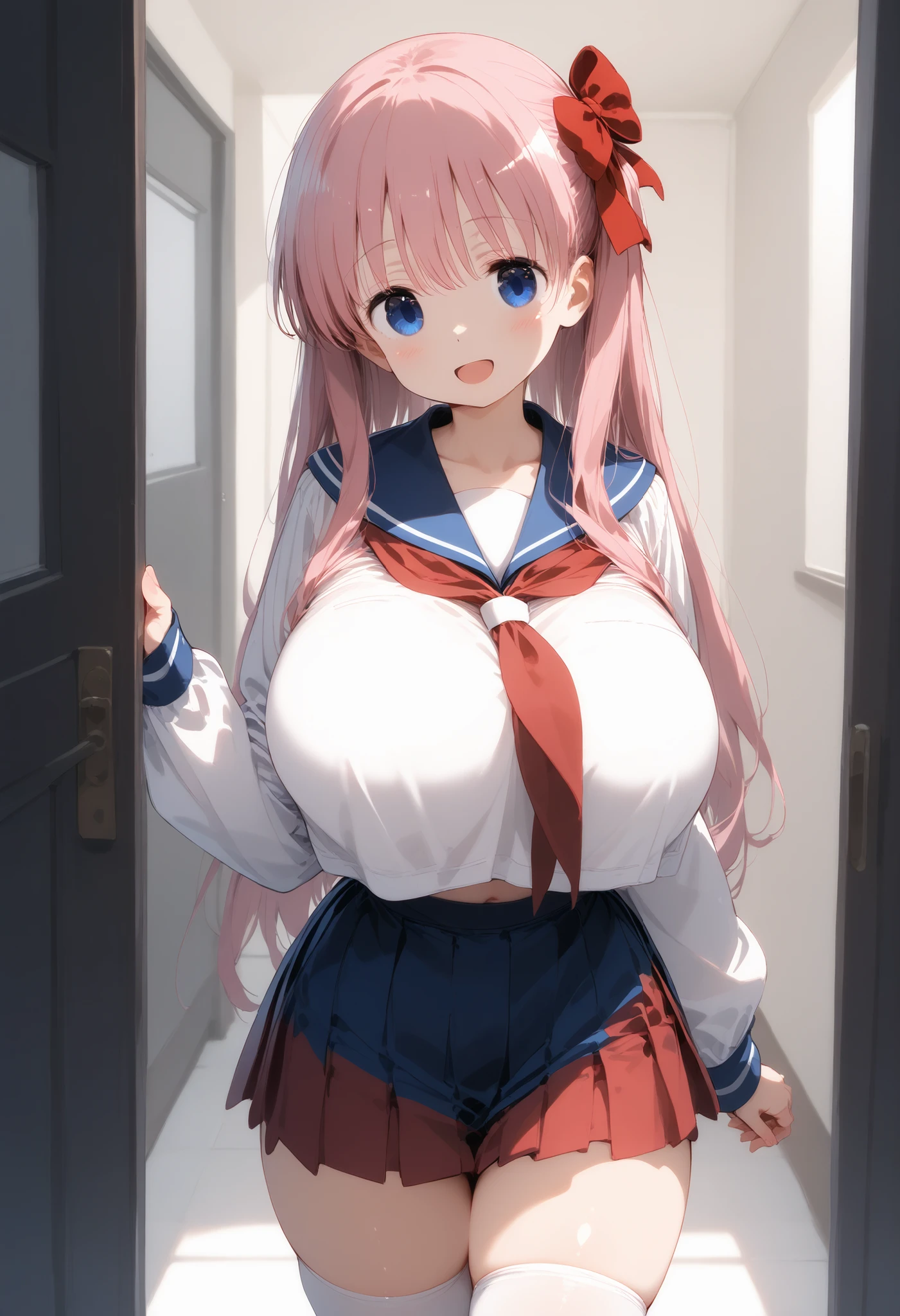(8Kmasterpiece,highest quality:1.4),Ultra-high resolution,hyper detail,(1 girl),japanese anime style,(Nodoka Haramura),Beautiful Face,blue eyes,perfect , pink hair,sidetail hair,(red ribbon),long hair, shy,excited,slender body,(big 1.3),school costume,school hallway,standing,looking viewer,cowboy shot