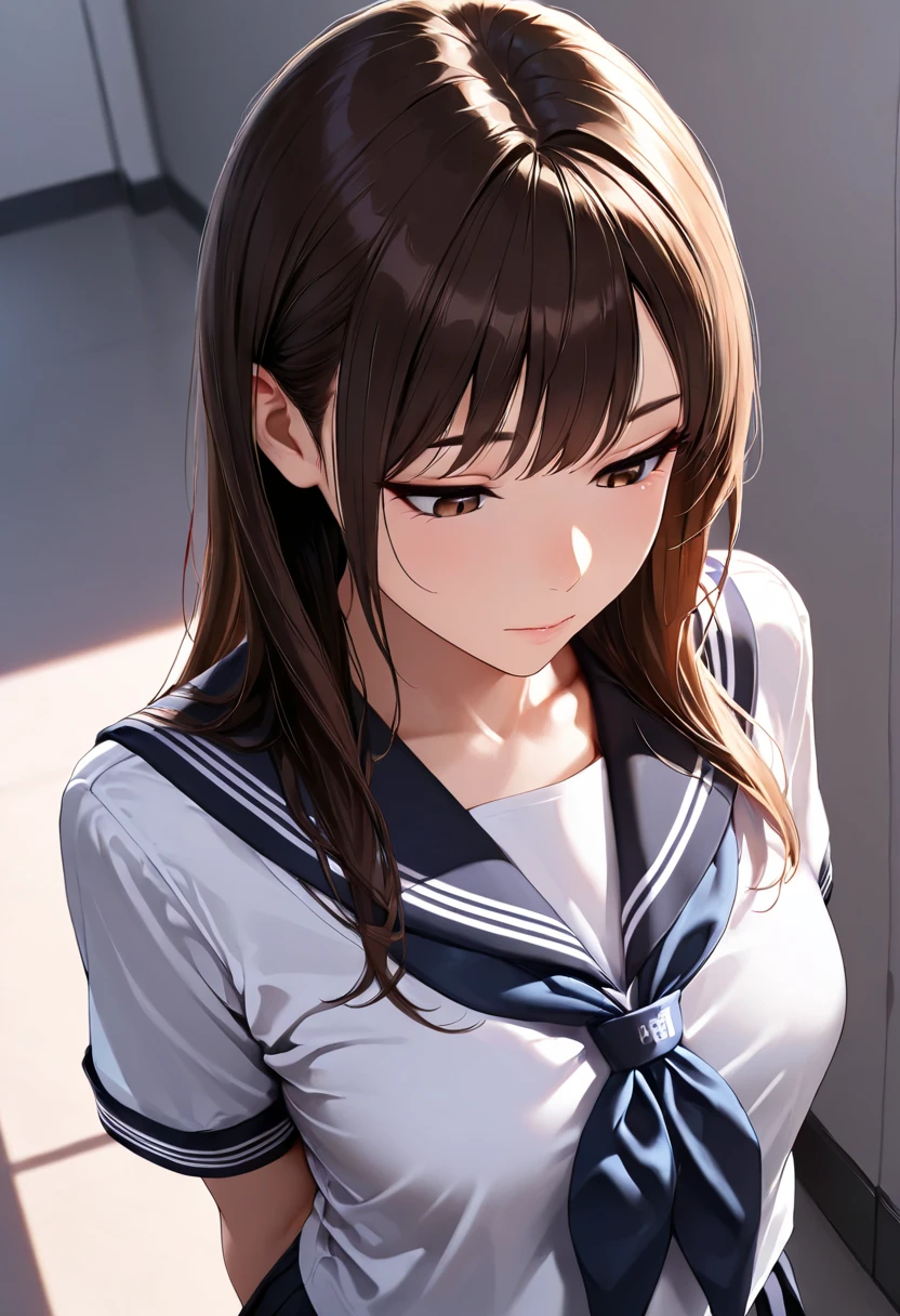  ((highest quality, High resolution, Hmph, Perfect Pixel, 8k, Hmph, Hmph))), 1 girl, single, alone, Beautiful woman、I could see the whole body、((Brown eyes, Beautiful eyelashes, Realistic eyes)), ((Detailed face, blush:1.2)), ((Smooth texture:0.75, Realistic texture:1.0, ((Realistic:1.3)), Anime CG Style)), Medium chest, ((Dynamic Angle:1.3)), Perfect body, at school, ((Showing panties:1.2)), Sailor suit, ((show off nipples under white shirt:1.2))