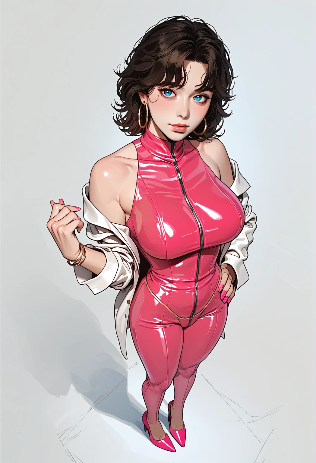 30-year-old woman, voluptuous body, short purple hair, public hair, body-hugging red dress, in a luxurious room ((full wet clothes))
