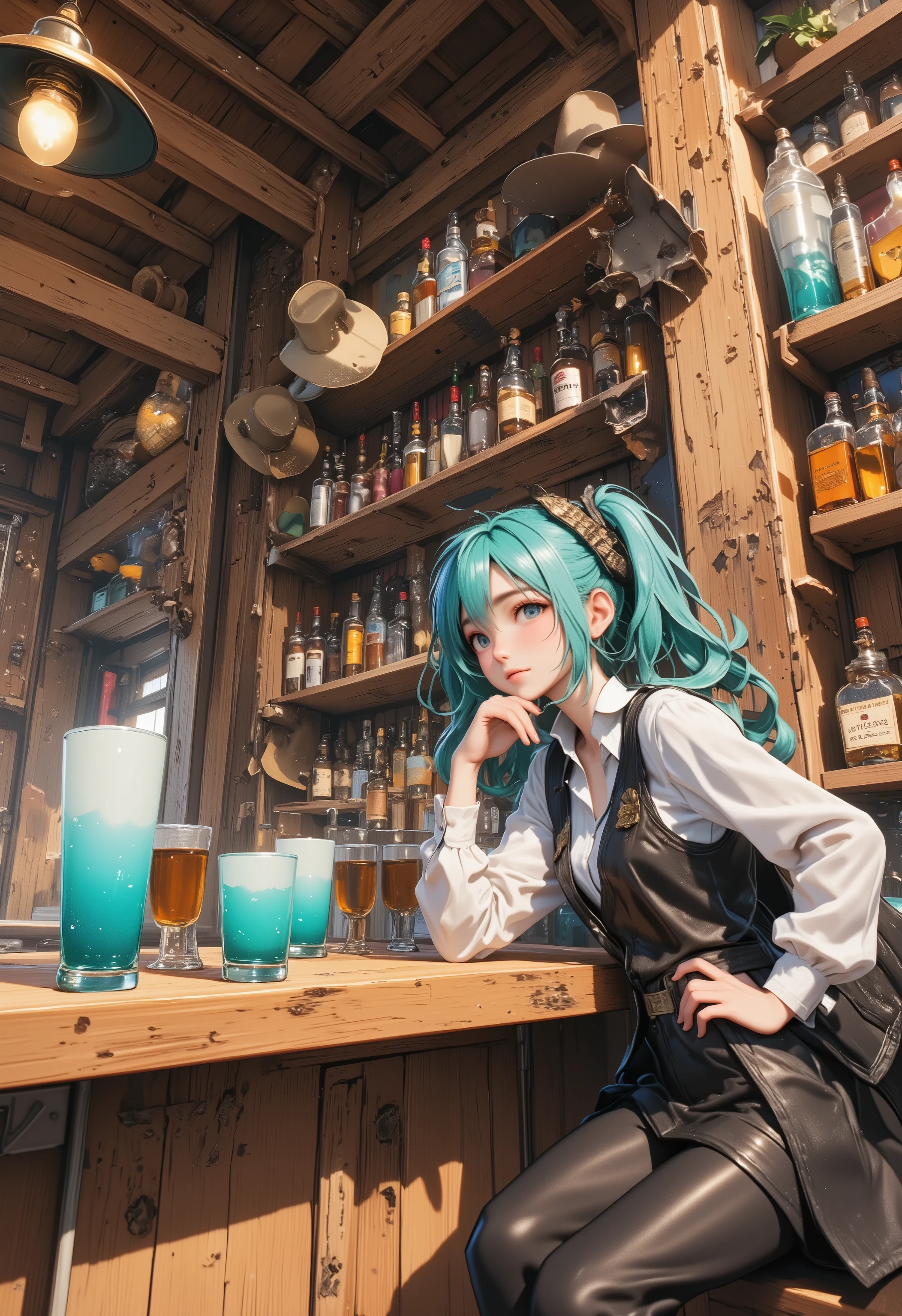 "Miku Hatsune leaning against polished wooden saloon bar, gradient turquoise glass contrasting with amber whiskey, matte leather vest reflecting brass pendant light glow, flat geometric lines constructing liquor shelf structure, frosted glass bottles revealing golden liquor transparency, minimalist shadow rendering of cowboy hats on weathered plank wall, wood grain texture with subtle stain marks enhancing storytelling, prohibition of neon lights or digital screens"