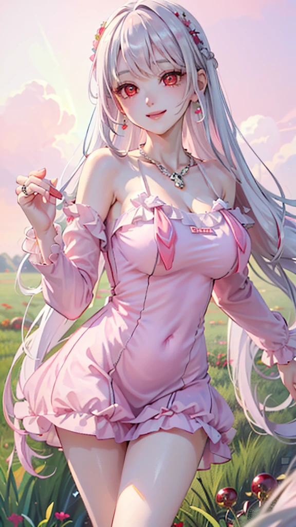 perfect face, perfect hand .A pink haired woman with violet eyes with an hourglass figure in a pretty dress is smiling in a garden