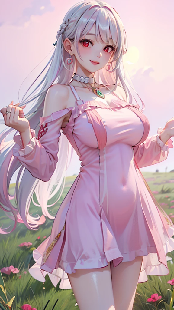 perfect face, perfect hand .A pink haired woman with violet eyes with an hourglass figure in a pretty dress is smiling in a garden