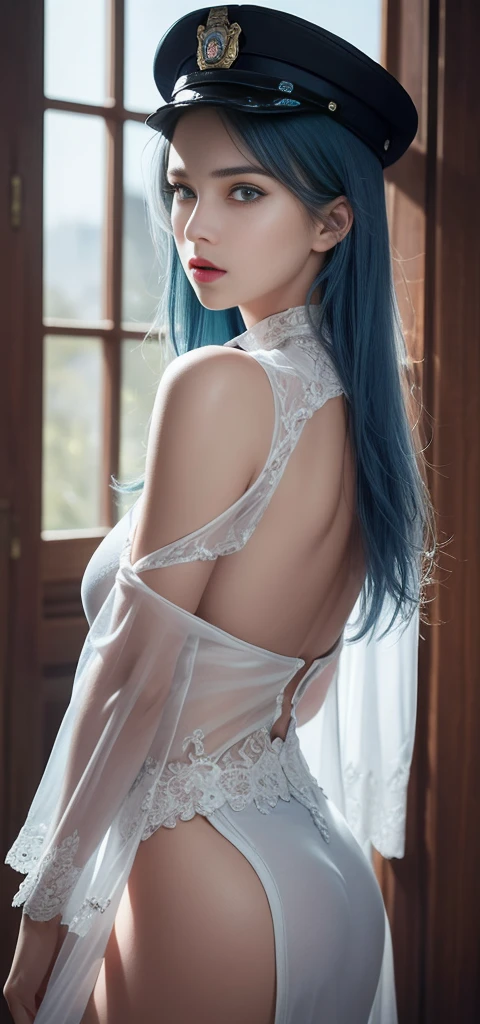(best quality, masterpiece), upper body, adult woman, (light smile:0.6), big wave blue hair, (small boobs:1.4), aquamarine eyes, sexy, ,(slender waist),(thick thighs), (wide hips), see-through open gown, (masterpiece:1.2, best quality), realistic, (real picture, intricate details, depth of field), (1girl, solo), make up, noble, (flowing satin aristocratic long skirt), elegant, blush, Dignified, proud, confident, (white and glossy skin), Gorgeous and varied jewelry, mature, married,(sightly rounded:1.2), (medium ass:1.4), ((aquamarine colors clothes)),