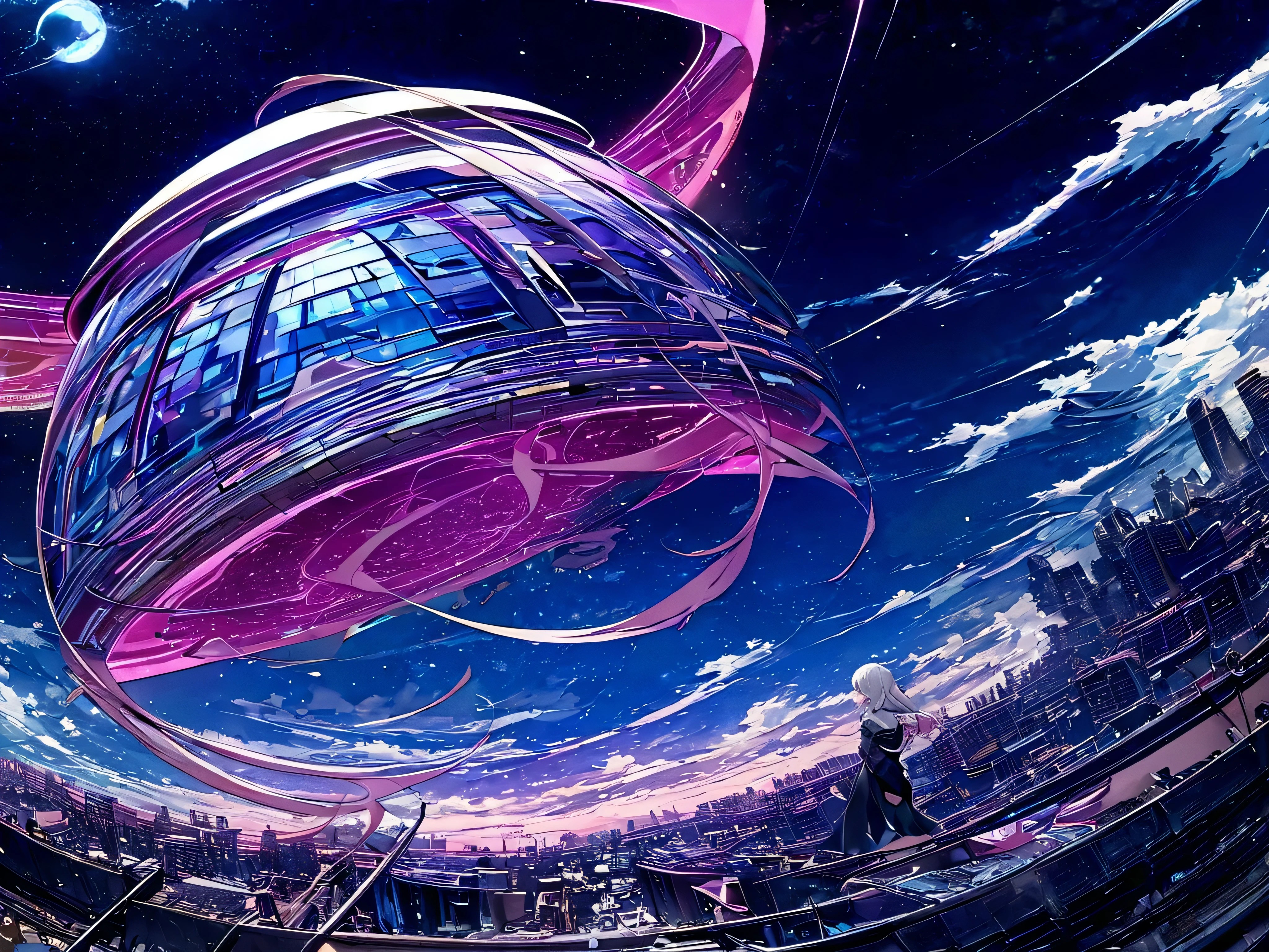A wide futuristic sky view with some building in anime style, and a girl with a white hair underneath pink stand in the midle (looks small, the girl is the refference). A fantastic quality art