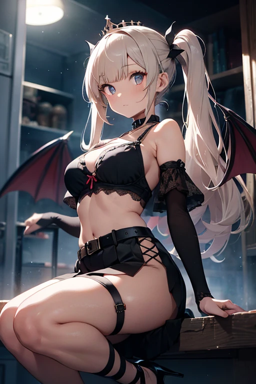hight resolution, top-quality, ultra-quality, The ultra-detailliert, lighting like a movie、Church of Darkness、Female devil in wedding bikini、Wedding gloves up to the arm、Wedding Panties、demonic horns、demonic wings、Devil's Tail、squatting and opening legs、red eyes、full of sweat、Wearing sweat、embarrassed from、