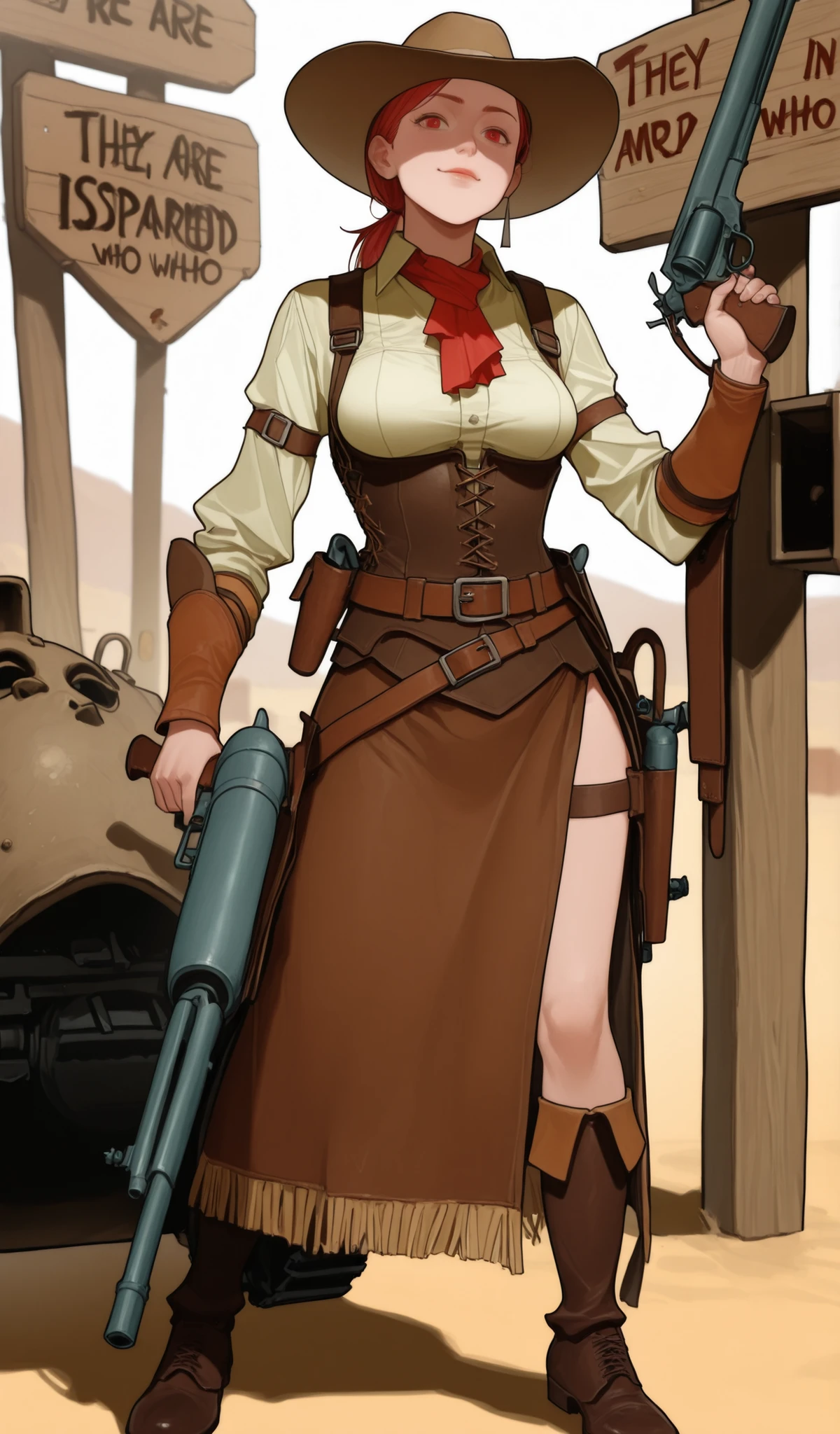 wild west, 1girl whit a biggun, A sign coming out of "boom!" da arma, full body, medium breasts, other girl whit dubble guns, ((((They are in an armed dispute over who will shoot first))))