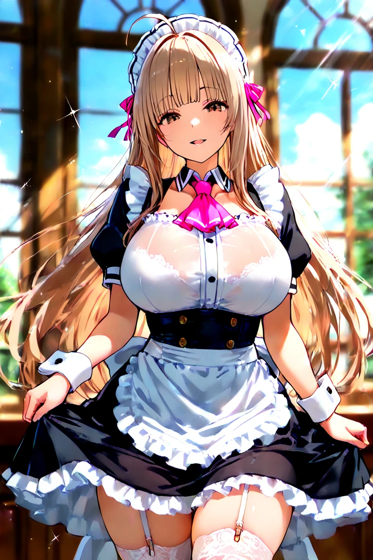 ((highest quality, Highly detailed CG Unity 8K wallpaper))、beautiful breasts、(spread your legs wide)、(sexually seducing me、I'm inviting you to have sex、Love juice dripping from the vagina)、((She lifts up her skirt to reveal white panties、blonde、maid、embarrassed look))