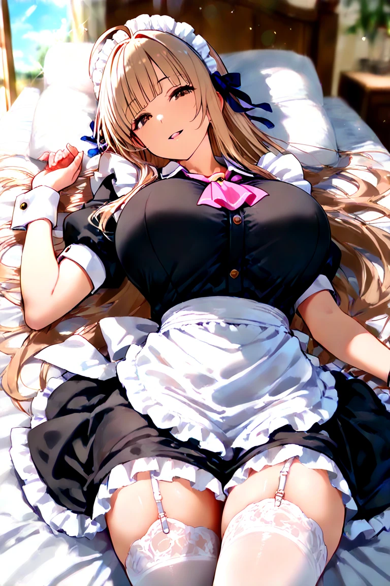 The luxurious and high-class Victorian maid outfit is evenly decorated with gorgeous gold embroidery and edging, and the blouse, apron, and headband also have gorgeous gold embroidery and edging.、((Highest quality)), ((masterpiece)), (detailed), (Perfect Face)、The woman is Tierre, with green eyes, medium-long blonde hair, a Victorian maid outfit and maid headband, jeweled earrings, and an engagement ring.、The woman is smiling fondly in a luxurious room、The Victorian maid uniform is a calm, old-fashioned type with long sleeves and a long skirt, decorated with luxurious gold embroidery and edging.、The woman is lying on the bed with her legs open, seducing and inviting sex.