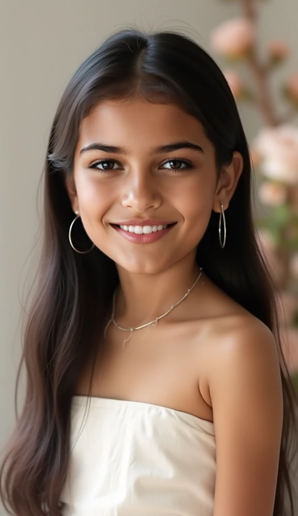 1 mexican girl, Long dark Wavy Hair, dark brown eyes, teen, topless, smiling, sexy, touching her