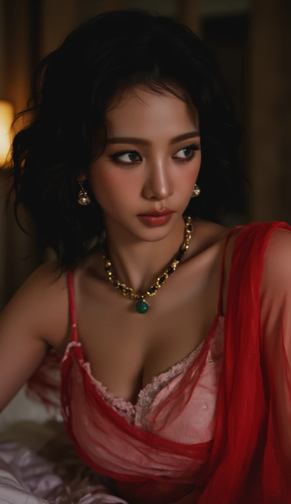 tzuyu, iu, yooa, space, Bellydancer, hijabi, sexy, cleavage, 18 year old javanese hijabi), (highly detailed face:1.4) (smile:0.7) (background inside dark, moody, private study:1.3) POV, by lee jeffries, nikon d850, film stock photograph ,4 kodak portra 400 ,camera f1.6 lens ,rich colors ,hyper realistic ,lifelike texture, dramatic lighting , cinestill 800,bra and panty only.