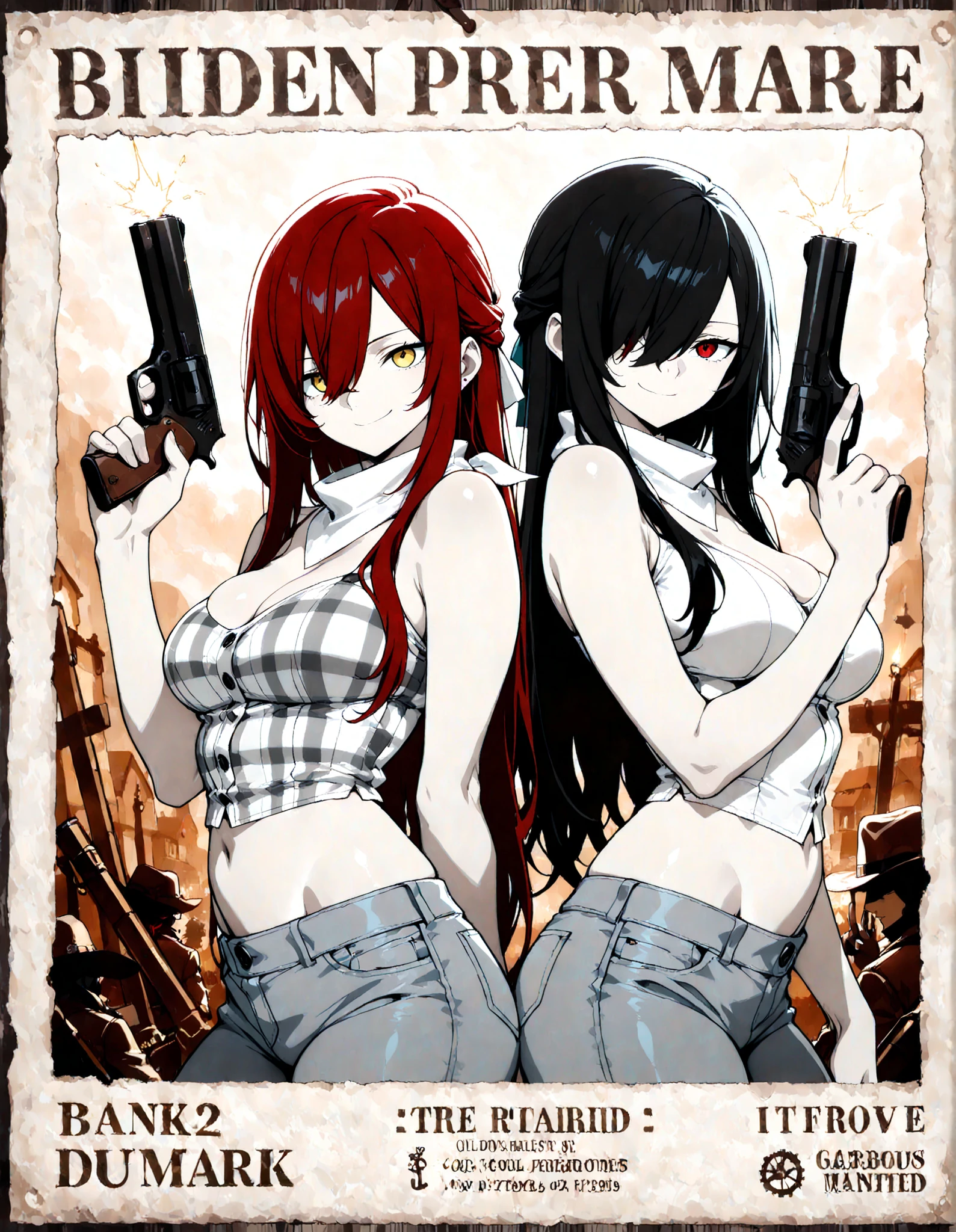 (masterpiece:1.2), best quality, amazing quality, cinematic angle, cinematic shadows, perfect anatomy, 2girls, multiple girls, duo focus, BREAK 1 girl , golden eyes , very long hair , long sidelocks, red hair ,half updo, petite , very cute , beautiful ,Straight hair, cool, handsome, hair between eyes, sexy, medium breast BREAK Kuroki Monika, RED eyes, gradient hair, black hair, rred eyes, long hair, asymmetrical hairline, hair over right eye, (petite but curvy), very cute, lovely , medium breasts BREAK wanted poster, Sepia tone , gorgeous, attractive cowgirls, bank robbery reward, an incredibly detailed sketch, portrait, visible cutout , open belly, , tied in a knot , tight jeans, slightly provocative, irritated expression, (negative_v2 Color _balance_ calibration :0.8), cool girls, six shooters, bandana, flannel ,smile, holding two handgun, piercing look, drawing, Wild West, crumpled, wrinkled poster:1.4, poor quality base material for the printed image, copy of hand-drawn sketch, coal, cannon firing, standing back to back, sideways to the viewer, looking at the viewer, a gun pointed at the viewer, cowboy hat