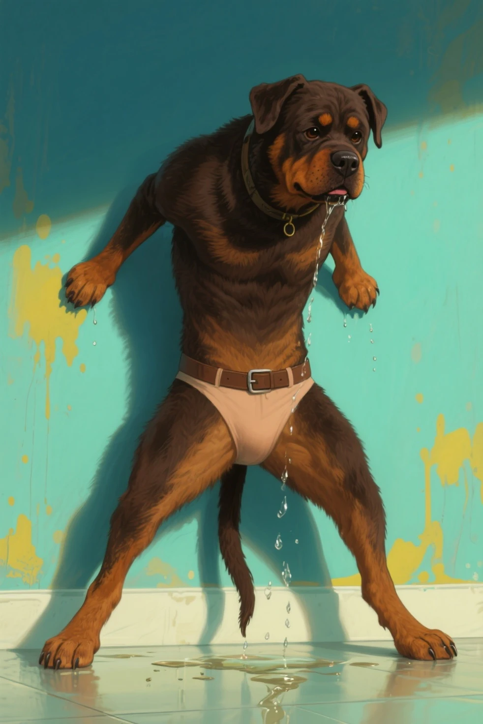 Anthro (pitbull), male, solo, muscular, detailed background, ((bare torso)), natural pose, underwear, briefs, bulge, detailed bulge, detailed eyes, ((by rov)), photorealistic, ultradetailed, hyperrealistic, dilf, late fifties, belly, overweight, chest hair, smirk, dark lighting, sitting on metal bed, white briefs