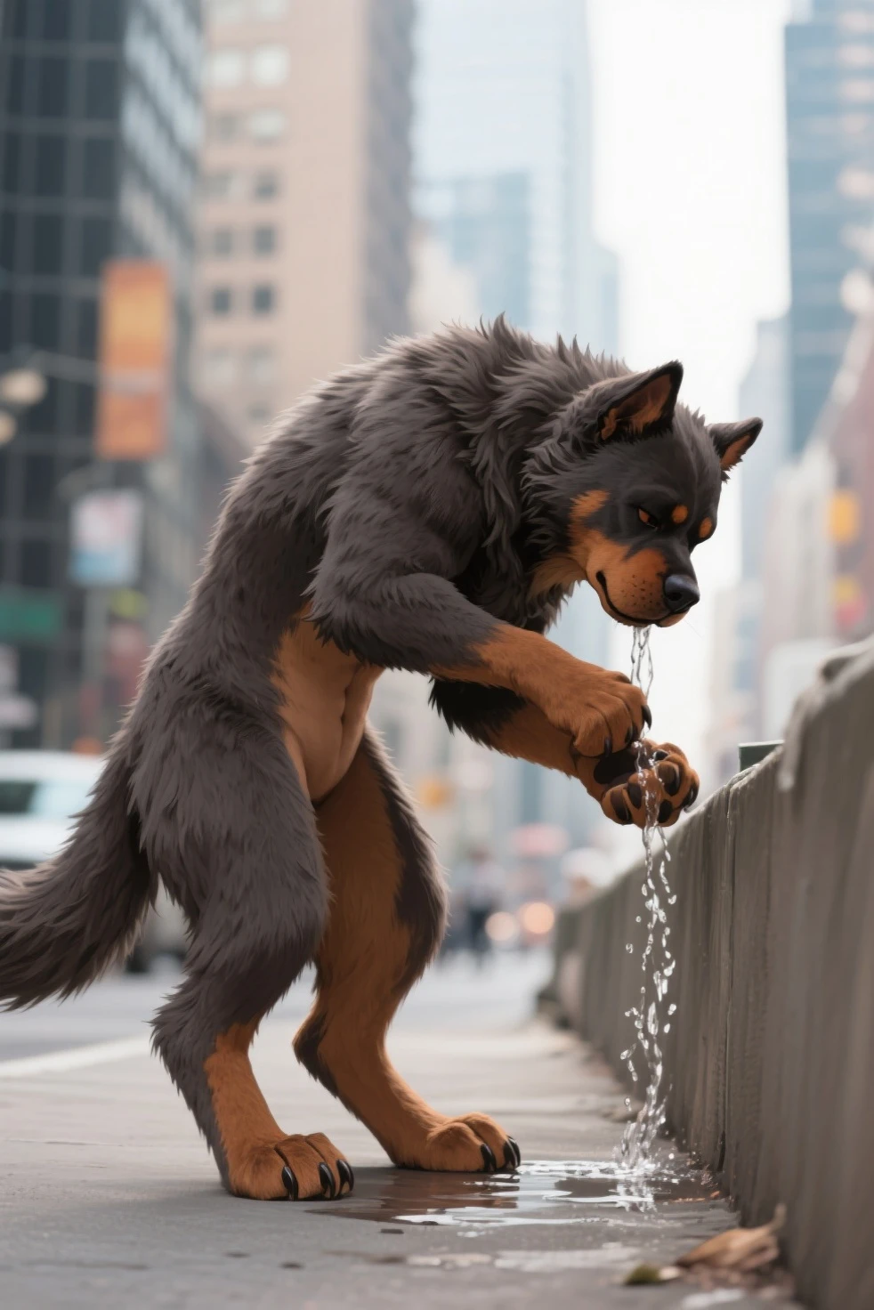 There is one adult character on this picture. The character is a slender male grey wolf, grey fur, slender character, slender, yellow eyes, barefoot, digitigrade, paws, black pawpads, wolf hands, black claws, wolf tail, topless, male bare chested, bare chest male, black nipples, black areolas, visible sheath, sheath, fully sheathed, visible balls, balls, visible testicles, testicles, ass, butt, nude, naked, nsfw. The scene takes place on a street at night. street at night on the background. Street. Night. The character is facing a wall. The character is peeing on the wall. The character is pissing on the wall. The character is urinating on the wall. Piss splashing on the wall. Urine splashing on the wall. Piss dripple from the wall. Urine dripple from the wall. Piss stains on wall. Urine stains on wall. Piss puddle on ground. Urine puddle on ground. Piss stream. Urine stream. Camera side-view. Camera side view. Side-view. Side view.