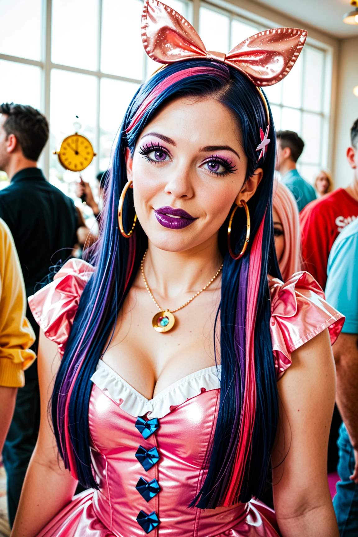 Gorgeous glorious beautiful Brazilian actress, standing in alien world, pretty face, long silky  purple hair, red lipstick, in pink latex costume