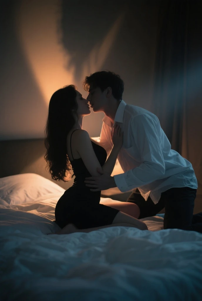 A very young Japanese woman in a white transparent skirt and black underwear、Sitting on top of a 55 year old Indonesian man lying on the bed。 , The room is very cool and the lighting is beautiful, A very detailed 8K photo
