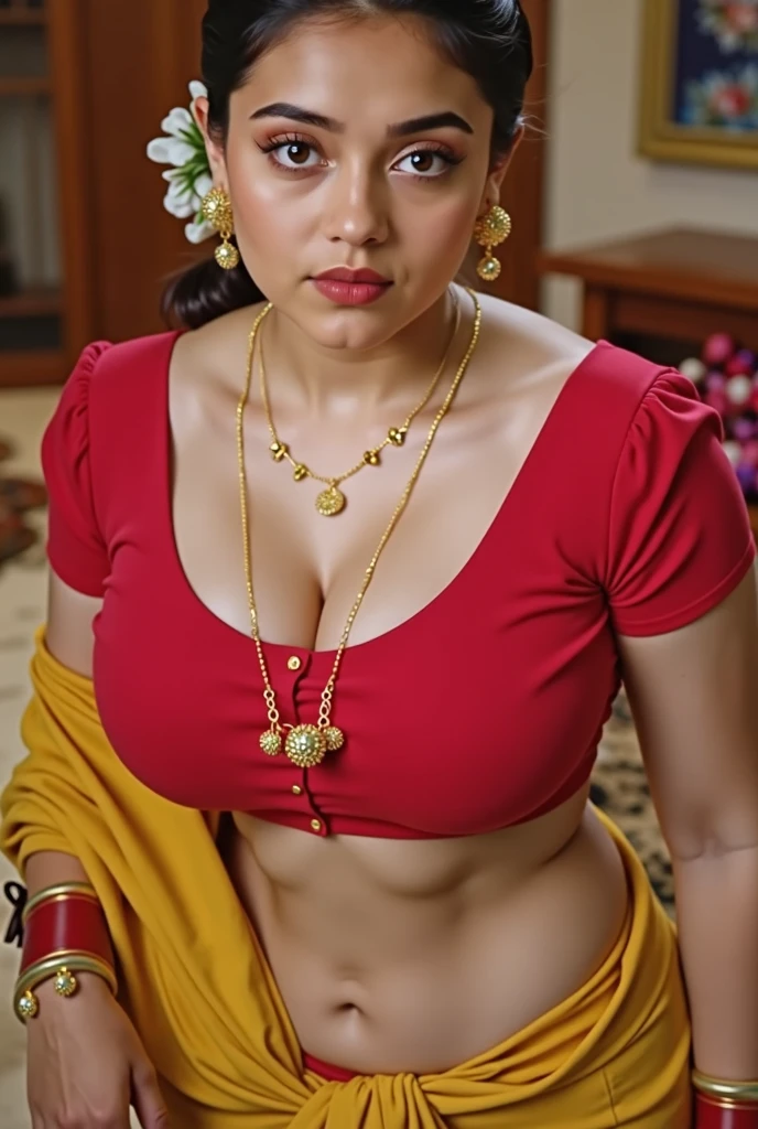 Indian woman masterpiece, best quality, ultra-detailed, (warm hue, warm tone: 1.2),
wearing Hook Blouse , 20 years old,
big tits1.8 ,((Huge breasts 1.6)), Plump body 1.8 , (Indian instagram photo, wearing
Hook Blouse closeup face photo of 23 y.o
Chloe in kebaya, Red Lipstick, sensual Lipstick
Sensational Make Up, huge cleavage, huge breasts pale skin, (smile:0.4), hard shadows, White G-STRING, bright lighting I