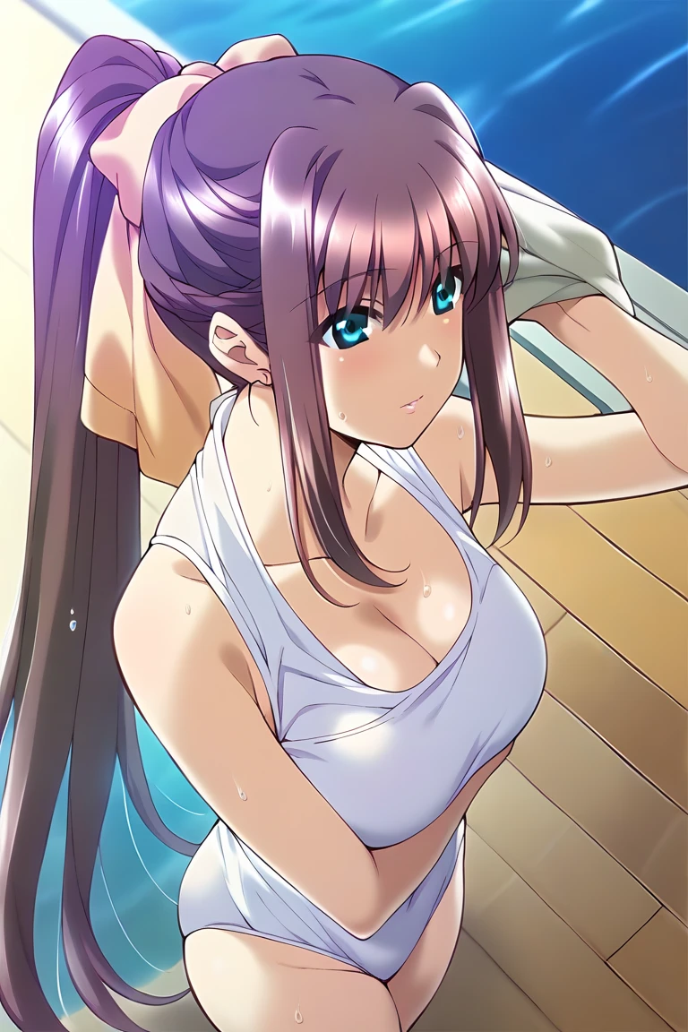 (masterpiece、highest quality、In 8K、High resolution:1.2)、alone、One Girl、 Takina Inoue、Feeling embarrassed、blush、Purple Eyes、Look at the viewers、whole body、Swimsuit、Racing Swimwear、Swimsuit half-taken off、Glossy body、Wet body、Daytime、locker room、Low - Angle