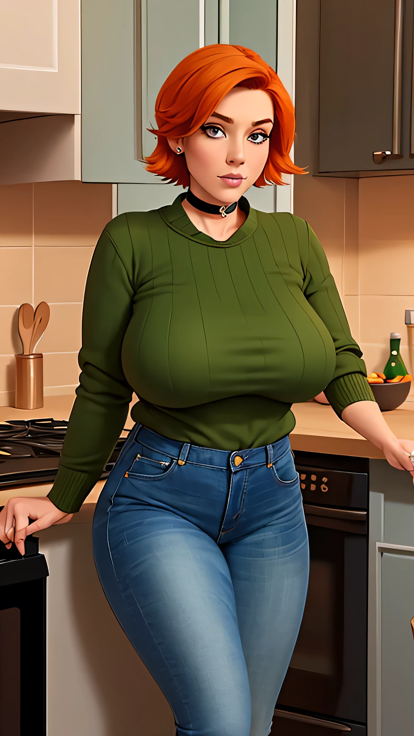 Anastasia, (Anastasia:1.5), masterpiece cartoon, (masterpiece cartoon:1.3), detailed, realistic, (realistic:1.3), 1girl, solo, (solo:1.9), 30 years old, in a home kitchen, (in a home kitchen:1.5), orange hair, (orange hair:1.5), short hair, (short hair:1.5), wearing choker collar, (wearing choker collar:1.5), wearing green sweater, (wearing green sweater:1.5), wearing blue jeans, (wearing blue jeans:1.5), thin body, big breasts, (big breasts:1.2),