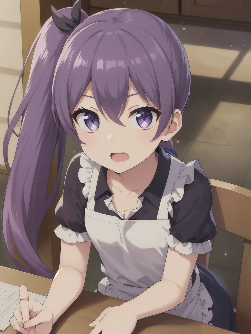 {{{{{mochizuki anna}}}}},1girl,solo,long hair,purple hair,small_ahoge,blue eyes.short stature.white t-shirts.suspenders.skirt.(((masterpiece))).(((best quality))).((ultra-detailed))).(((illustration))).night view.small Breasts.up chest.put hands on the hip.look from above.Sad face.open mouth.