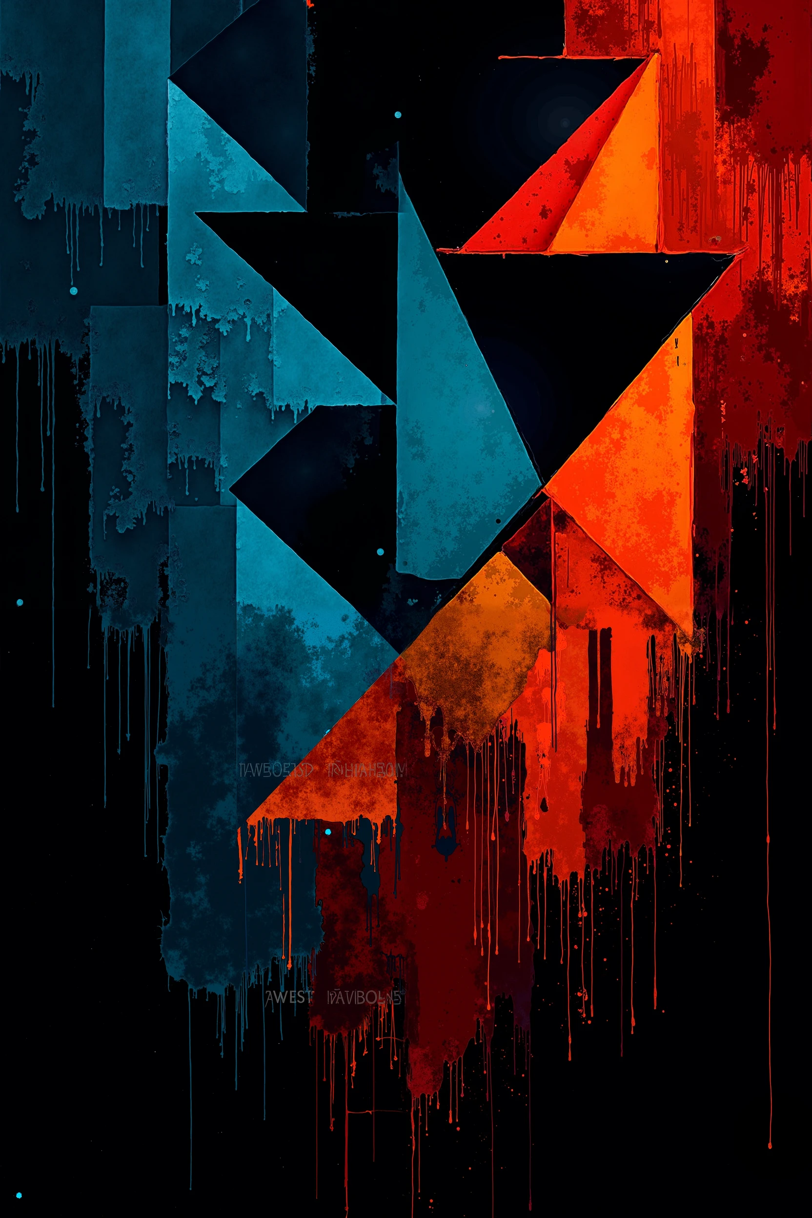 "design Create a centralized abstract print with modern geometric shapes, superimposed in vibrant shades of blue, orange and red. The background must be solid black , highlighting the contrast and depth of the."