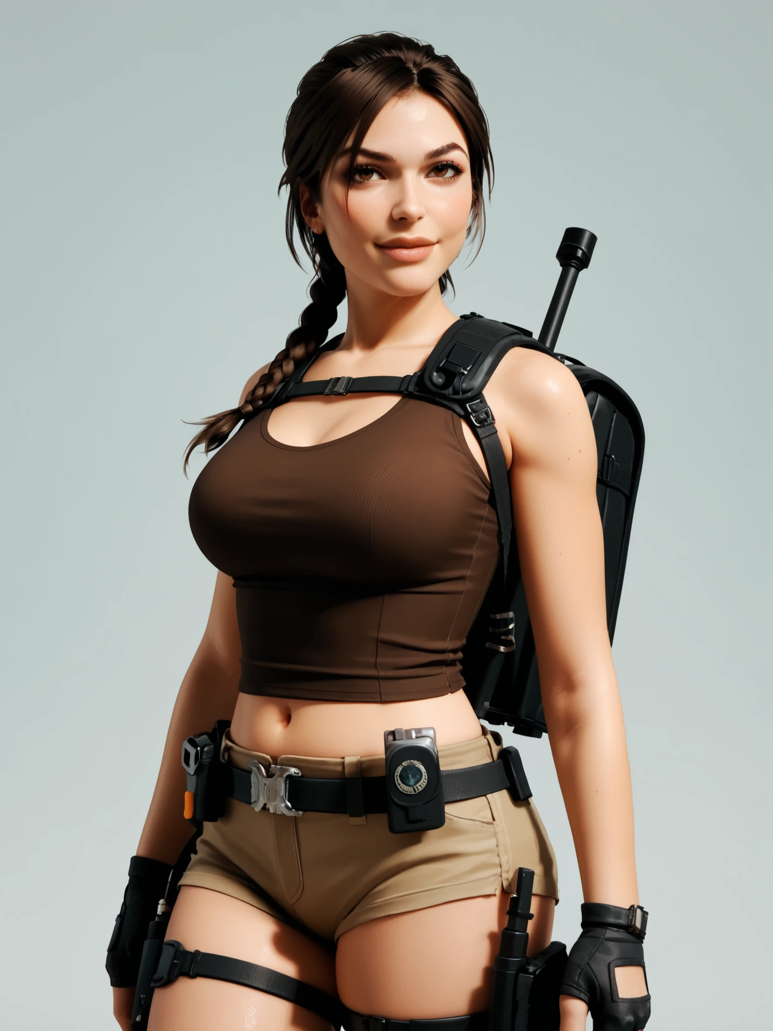 Upper-body (illustration) of a heroic, athletic adventurer (Lara Croft) wearing a ((very low-cut)) brown crop top, ((dark brown)) tactical shorts, two black thigh-mounted holsters, black fingerless gloves, black utility belt and her tiny brown backpack; long braided chestnut hair, [toned body], making a (dynamic) sensual pose with a [flirty little smile]. Highly detailed and stylized digital illustration, light blue pastel neutral background.