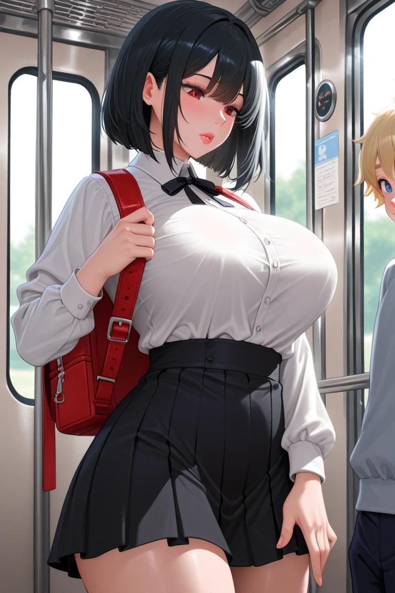 From above, (Squint your eyes:1.2), close, One Girl, blush, Are standing, nsfw,beautiful girl,Wear a uniform, Light blue skirt, Anime move,Short Bob、Black Hair、(huge breasts:1.1)、Exposing the breasts、Bare your breasts、Nipples、on the train、crowded train、a lot of people、Black knee-high socks